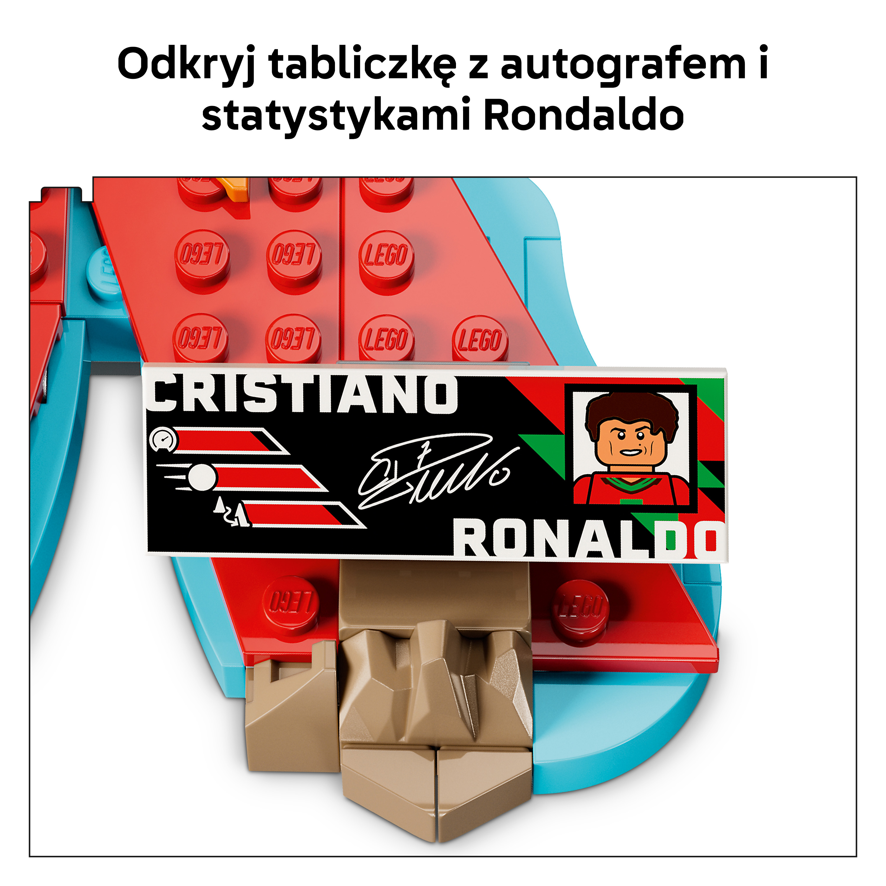 Klocki Lego z tabliczką Cristiano Ronaldo ze zdjęciem i podpisem.