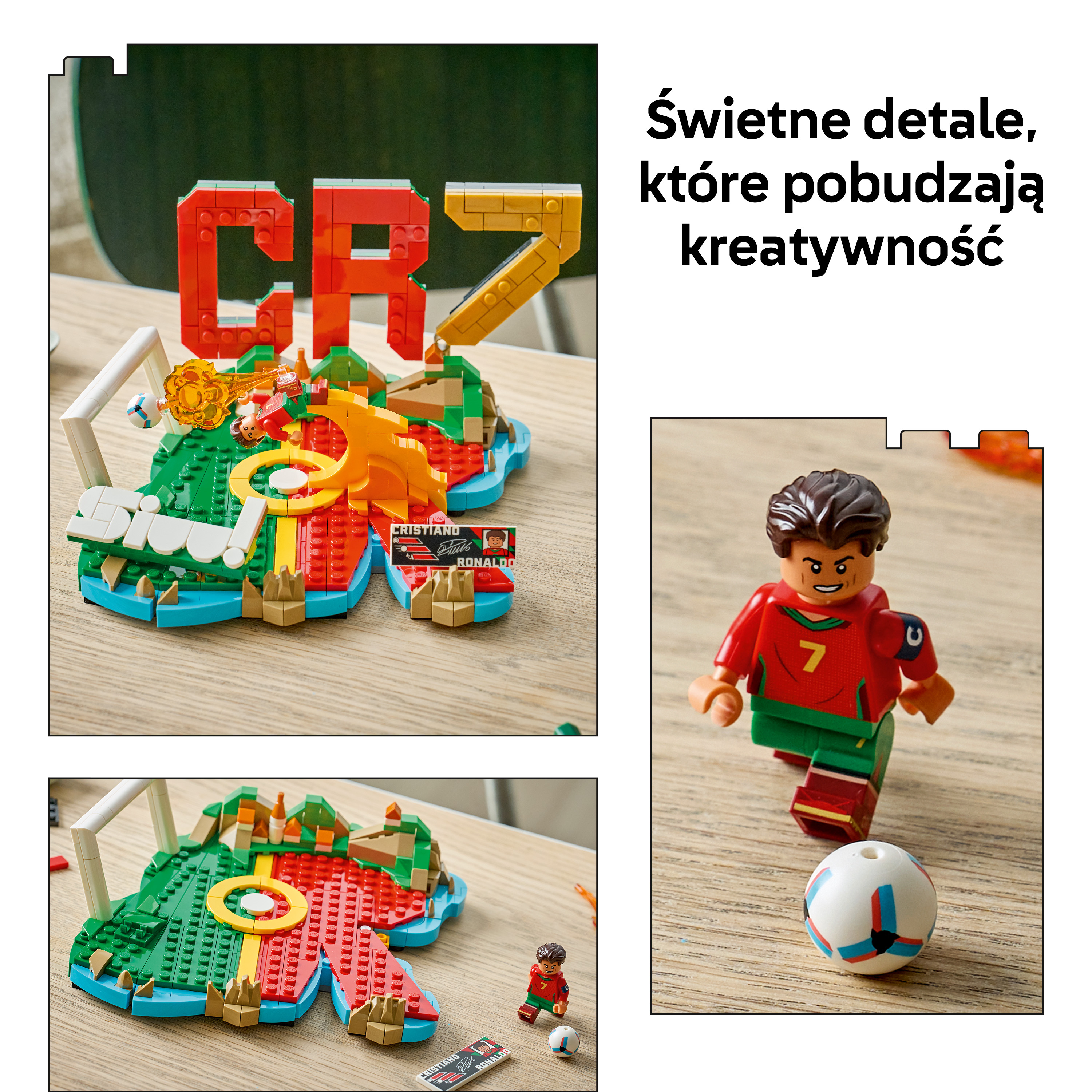 Boisko piłkarskie Lego z Cristiano Ronaldo i napisem CR7.