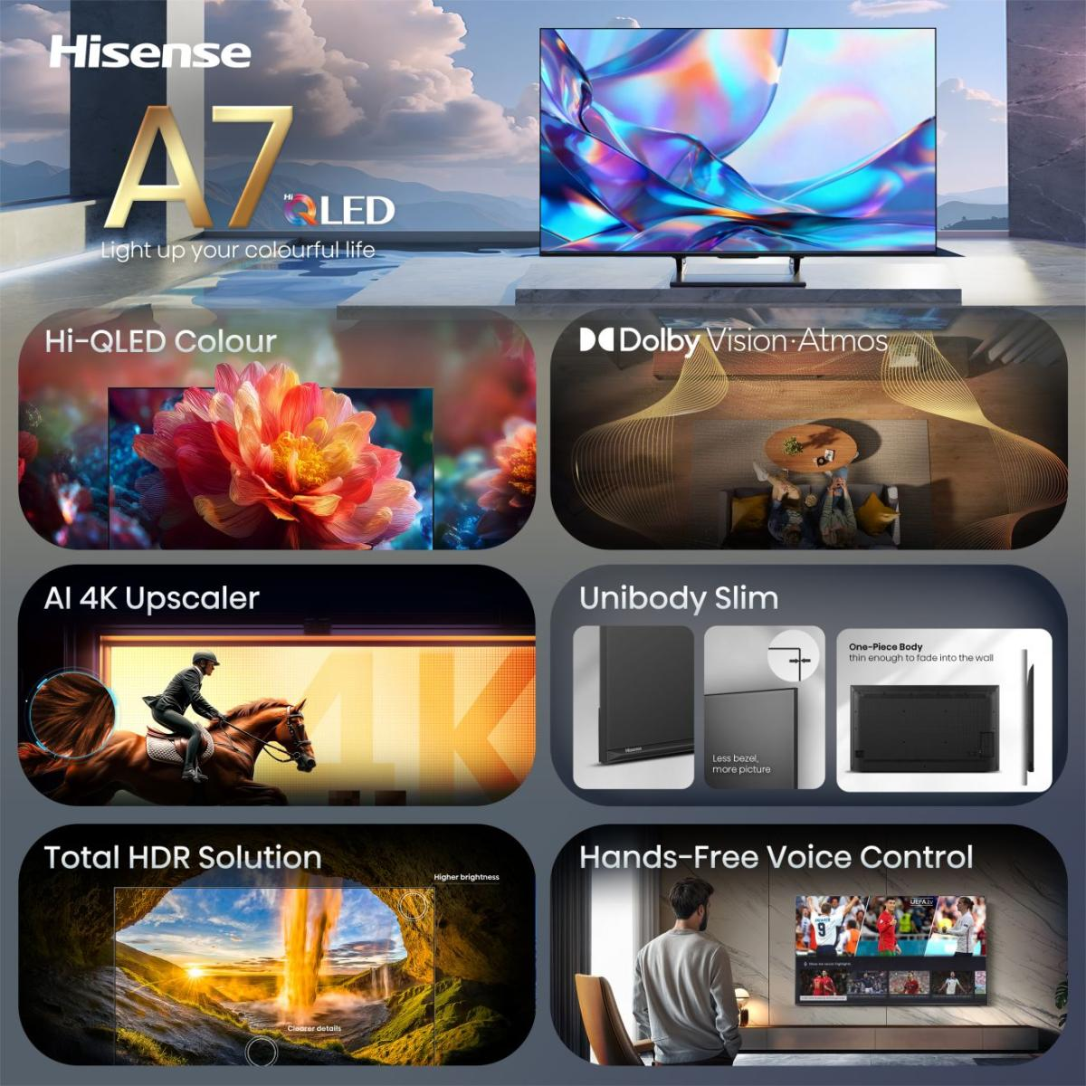 Hisense A7 LED TV: Hi-QLED, Dolby Vision, KI 4K Upscaler, Unibody Slim.