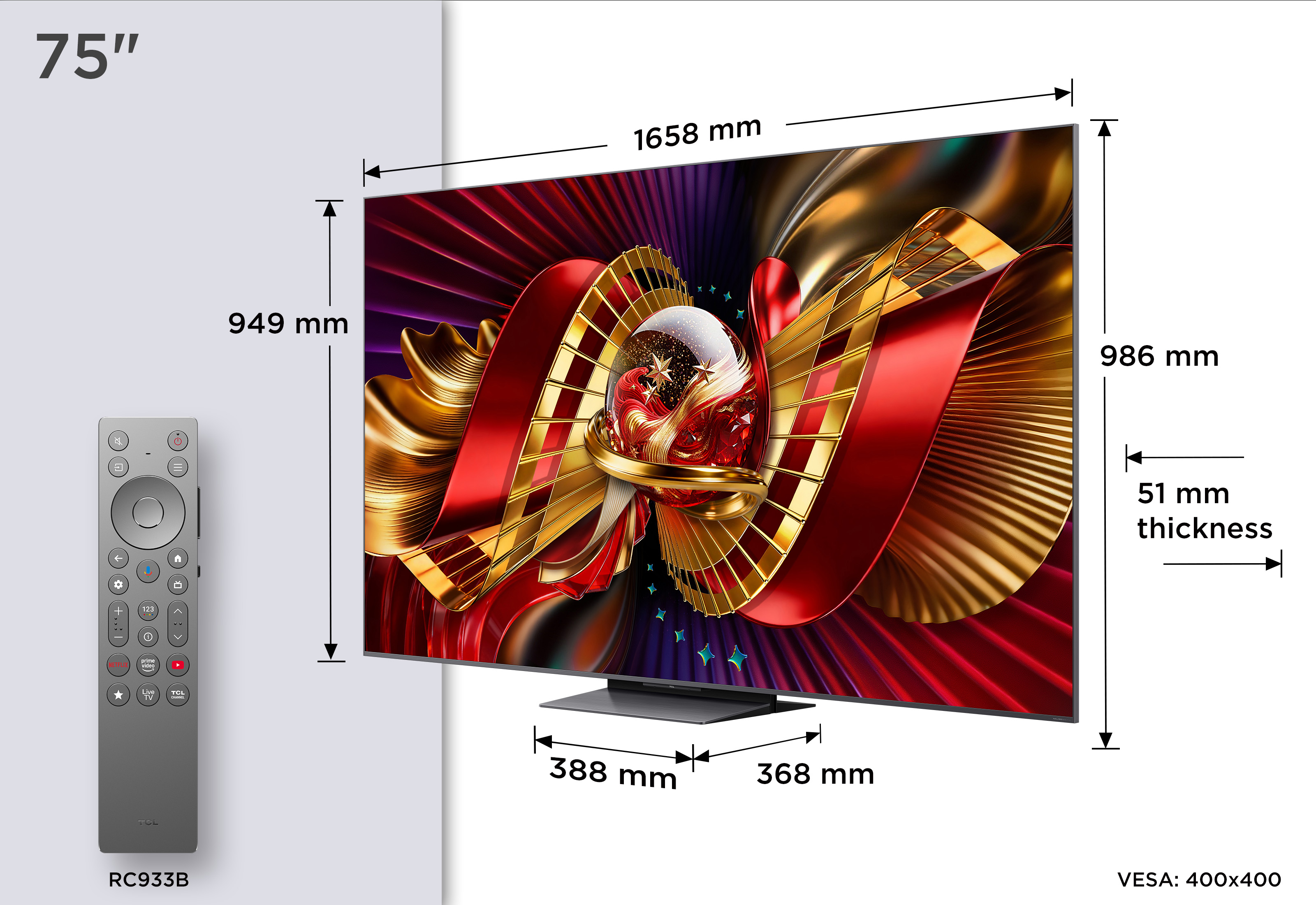 75-Zoll-TV mit Fernbedienung. Maße: 1658x986x51mm. VESA 400x400.
