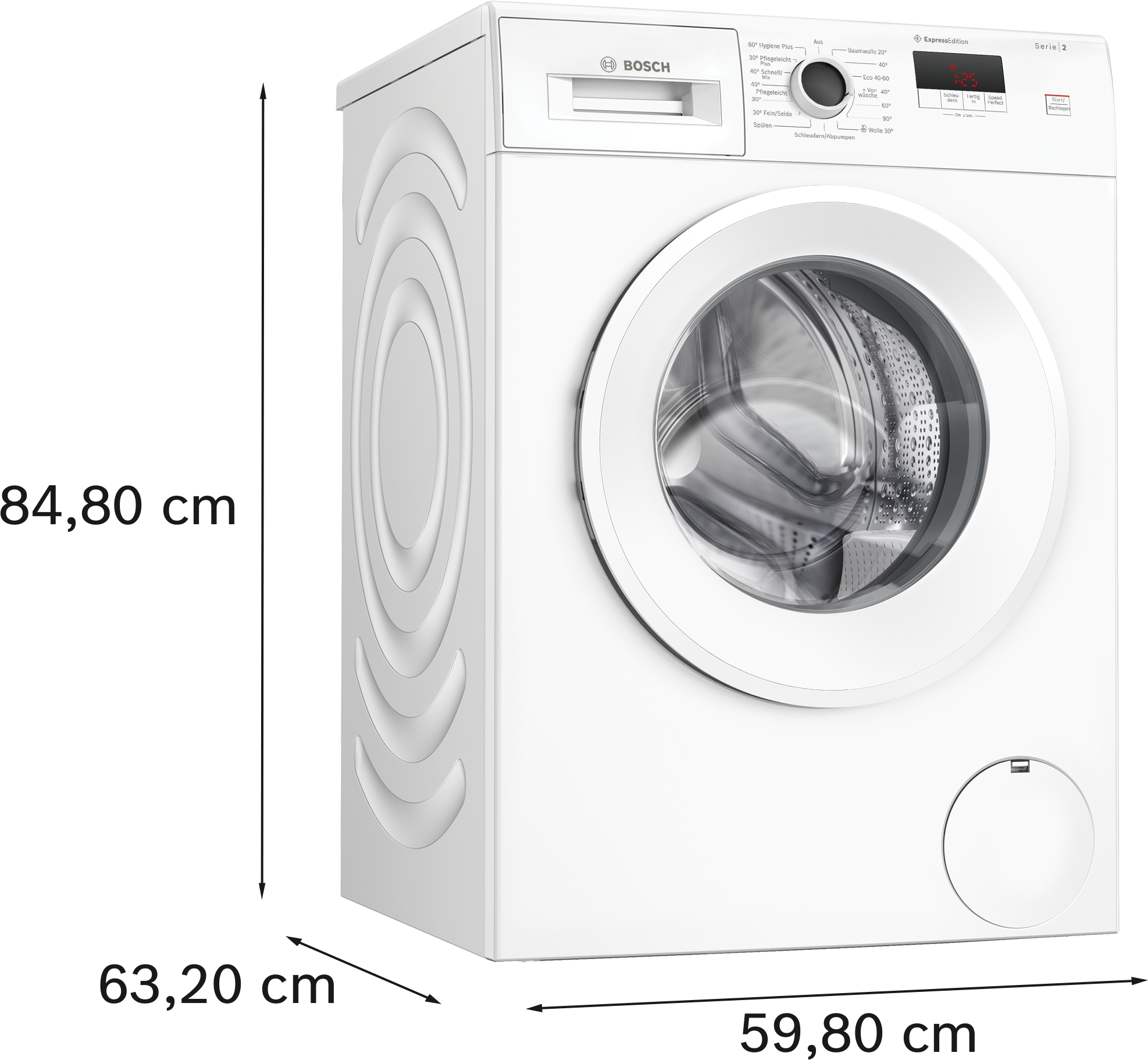 Eine weiße Bosch Waschmaschine mit einem digitalen Display und einem runden Türöffner.