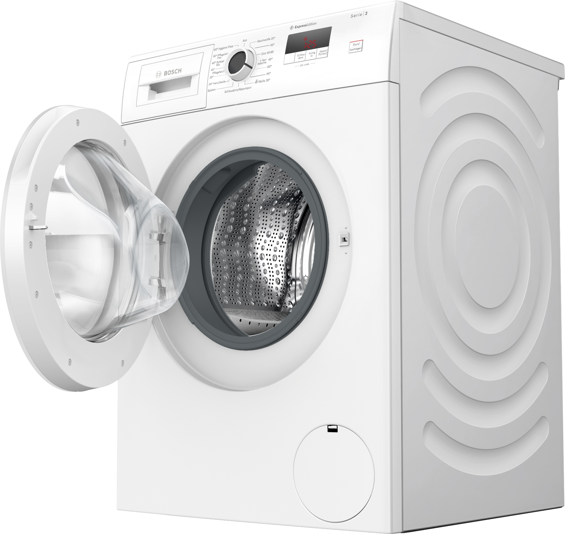 Eine weiße Bosch Waschmaschine mit offener Tür und Trommel. Bedienfeld mit Programmen.