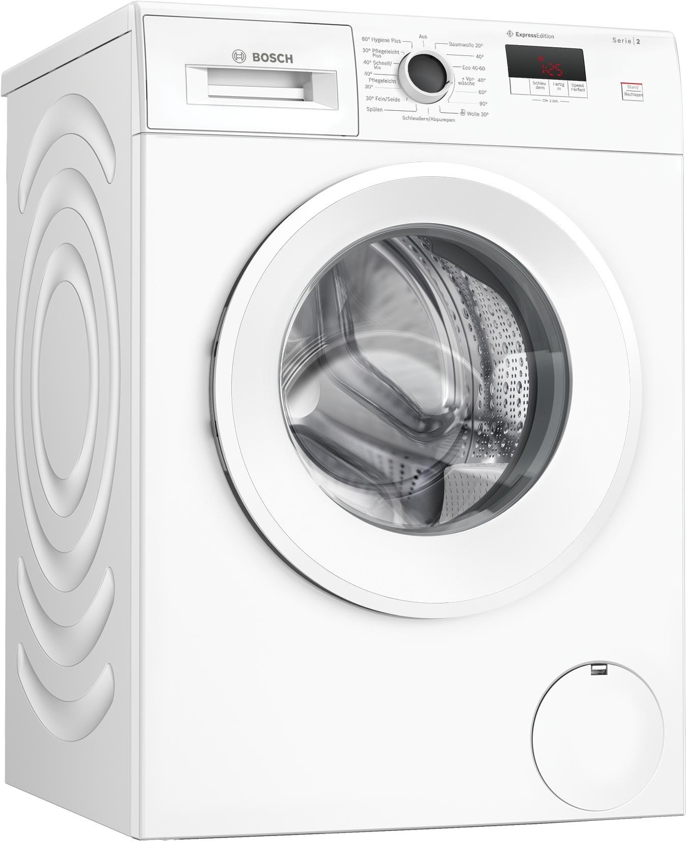 Eine weiße Bosch Waschmaschine mit Frontlader, Digitalanzeige und verschiedenen Programmen.