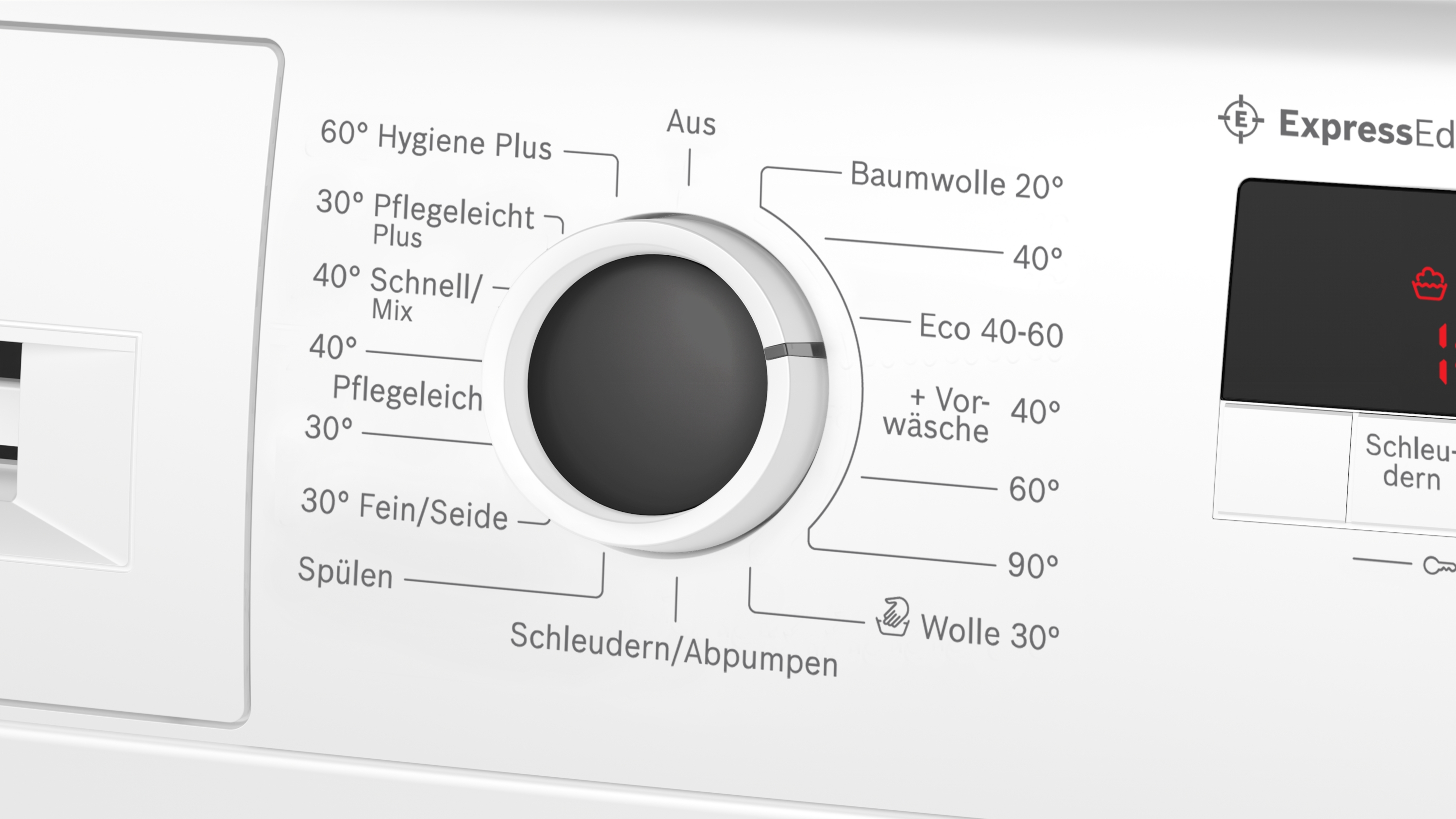 Bedienfeld einer Waschmaschine mit Drehknopf und Programmen wie Baumwolle und Wolle.