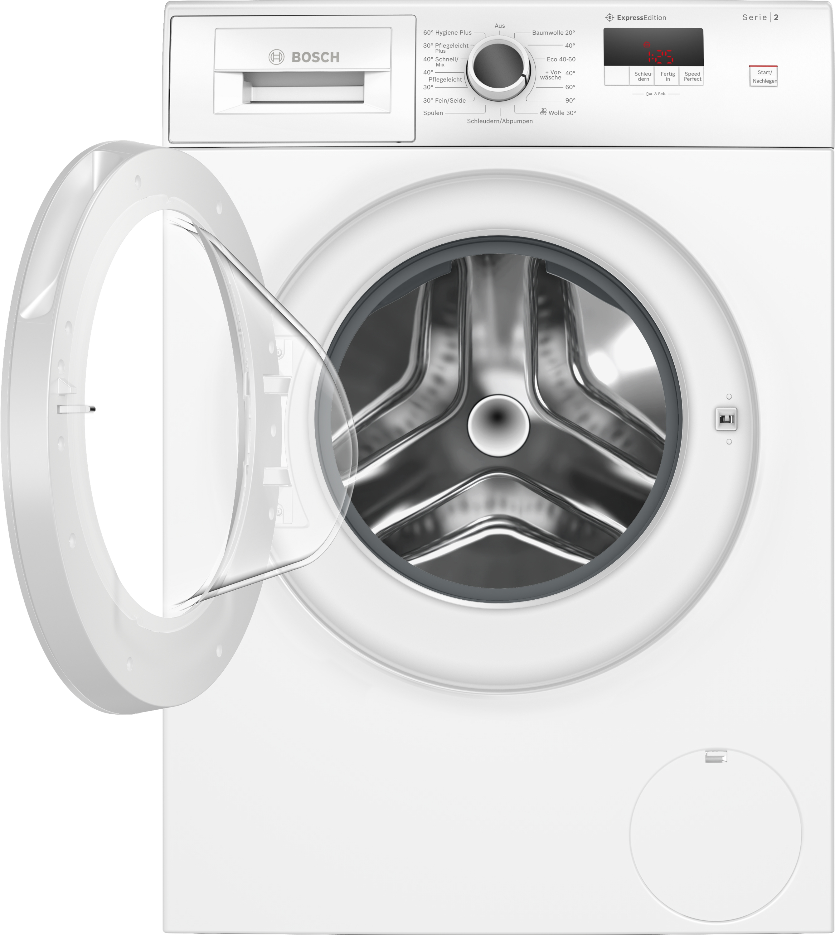 Eine weiße Bosch Waschmaschine mit geöffneter Tür und sichtbarer Trommel.