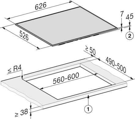 Einbauzeichnung für Kochfeld: Maße 626x526 mm, Ausschnitt 560-600x490-500 mm.