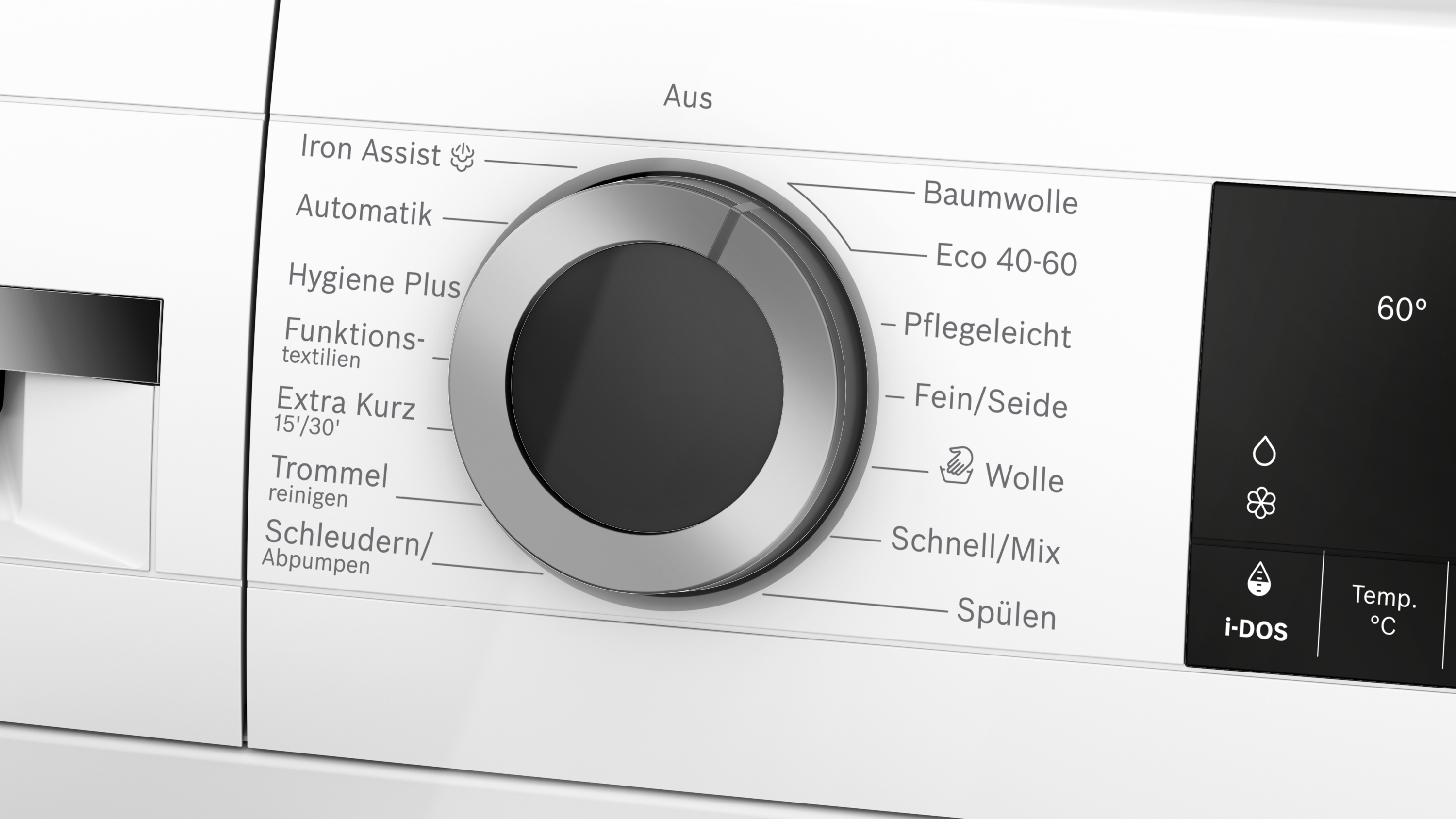 Ein moderner weißer Wäschetrockner mit einem runden Drehknopf und einem digitalen Display.