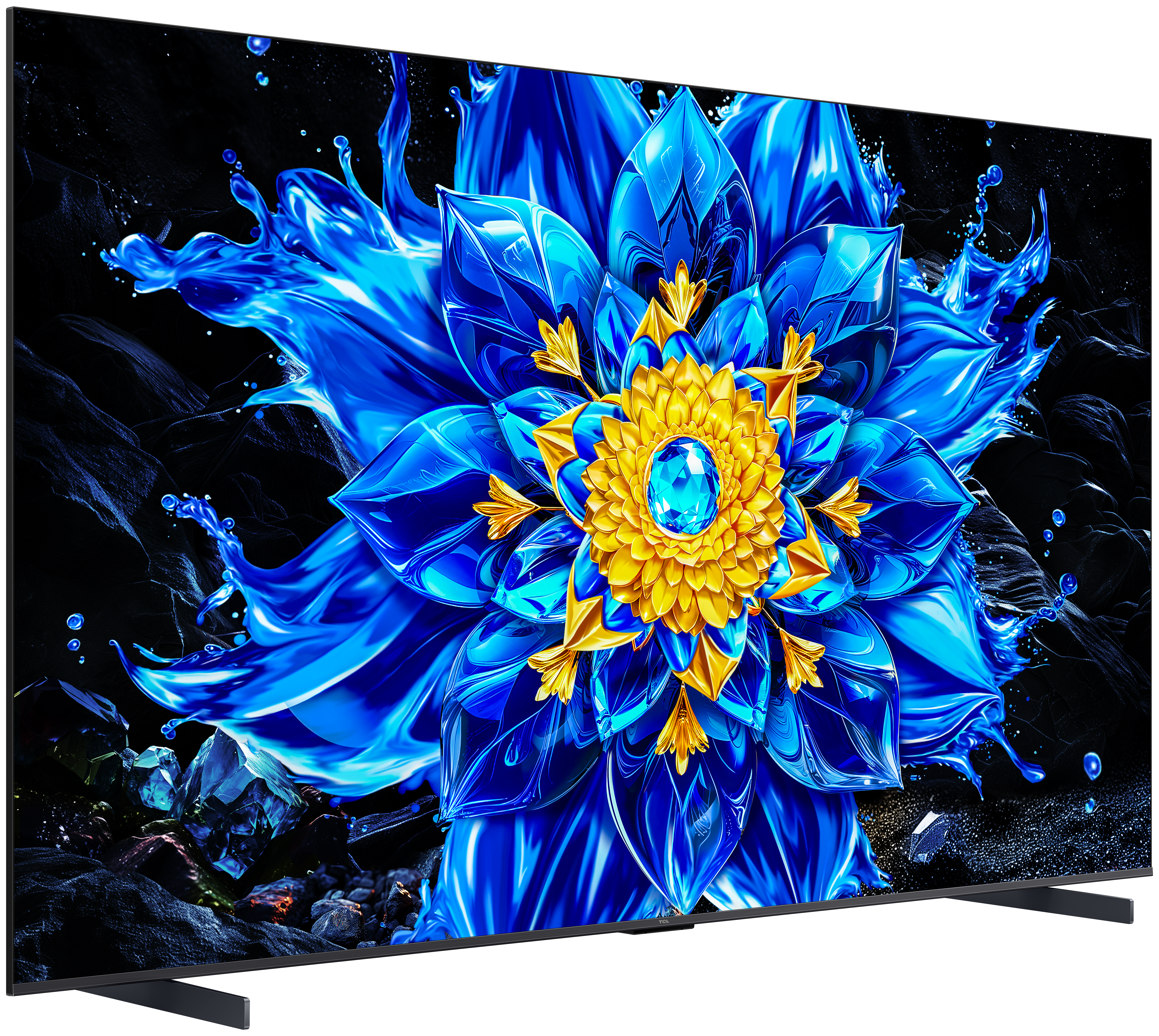 Ein blauer und goldener abstrakter Blumenbildschirmschoner mit Wasserspritzern.