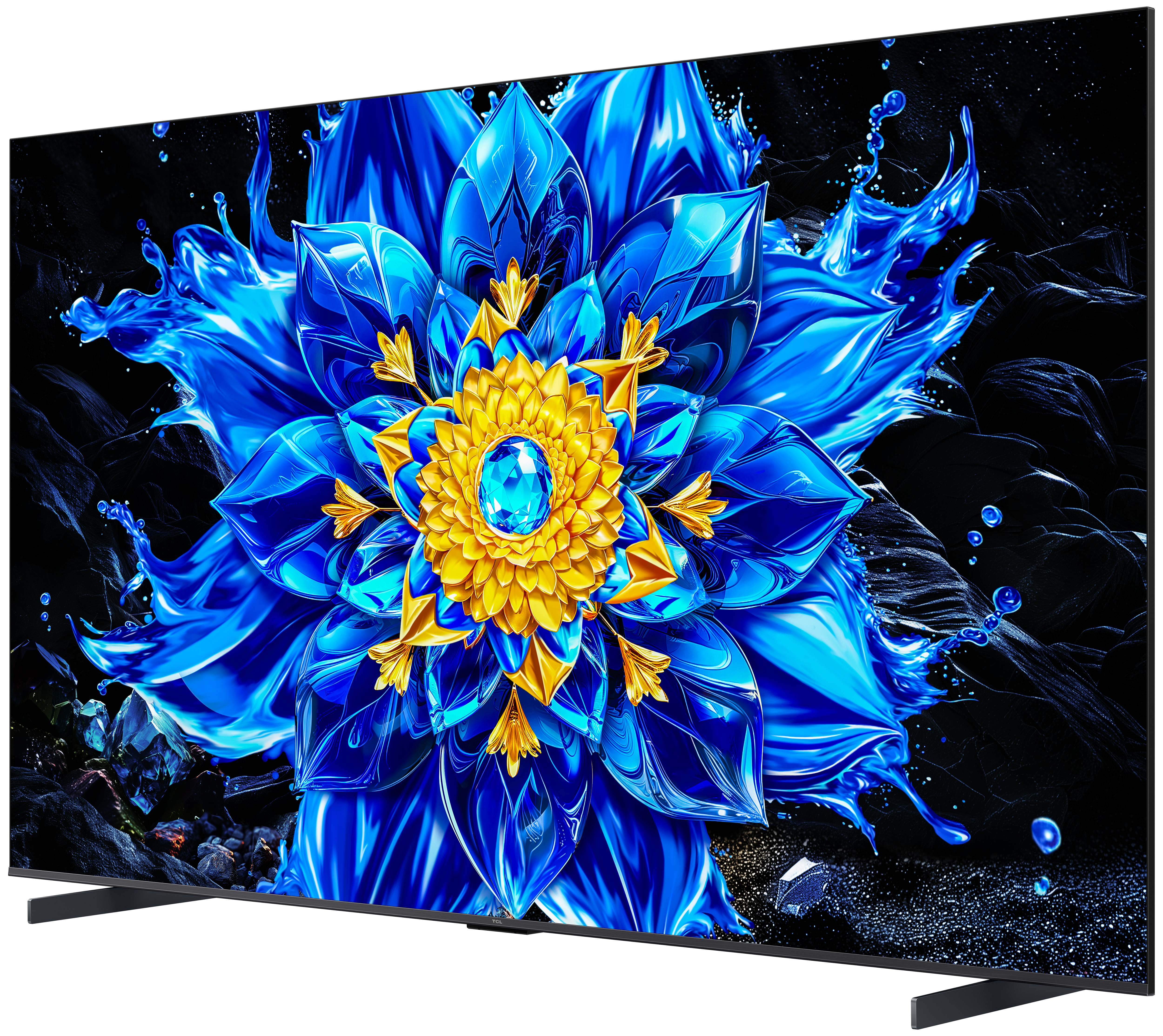 Ein blauer und goldener abstrakter Blumen-Splash auf schwarzem Hintergrund.