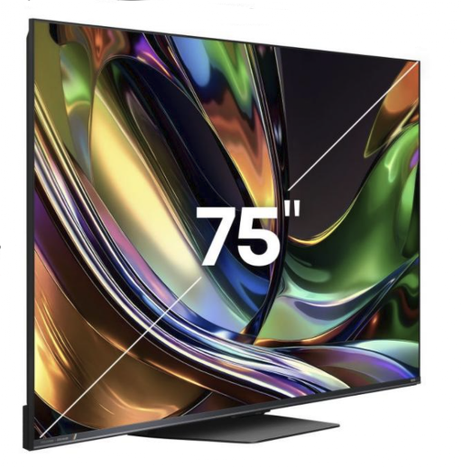 Ein großer 75-Zoll-Fernseher mit einem bunten, abstrakten Hintergrundbild.