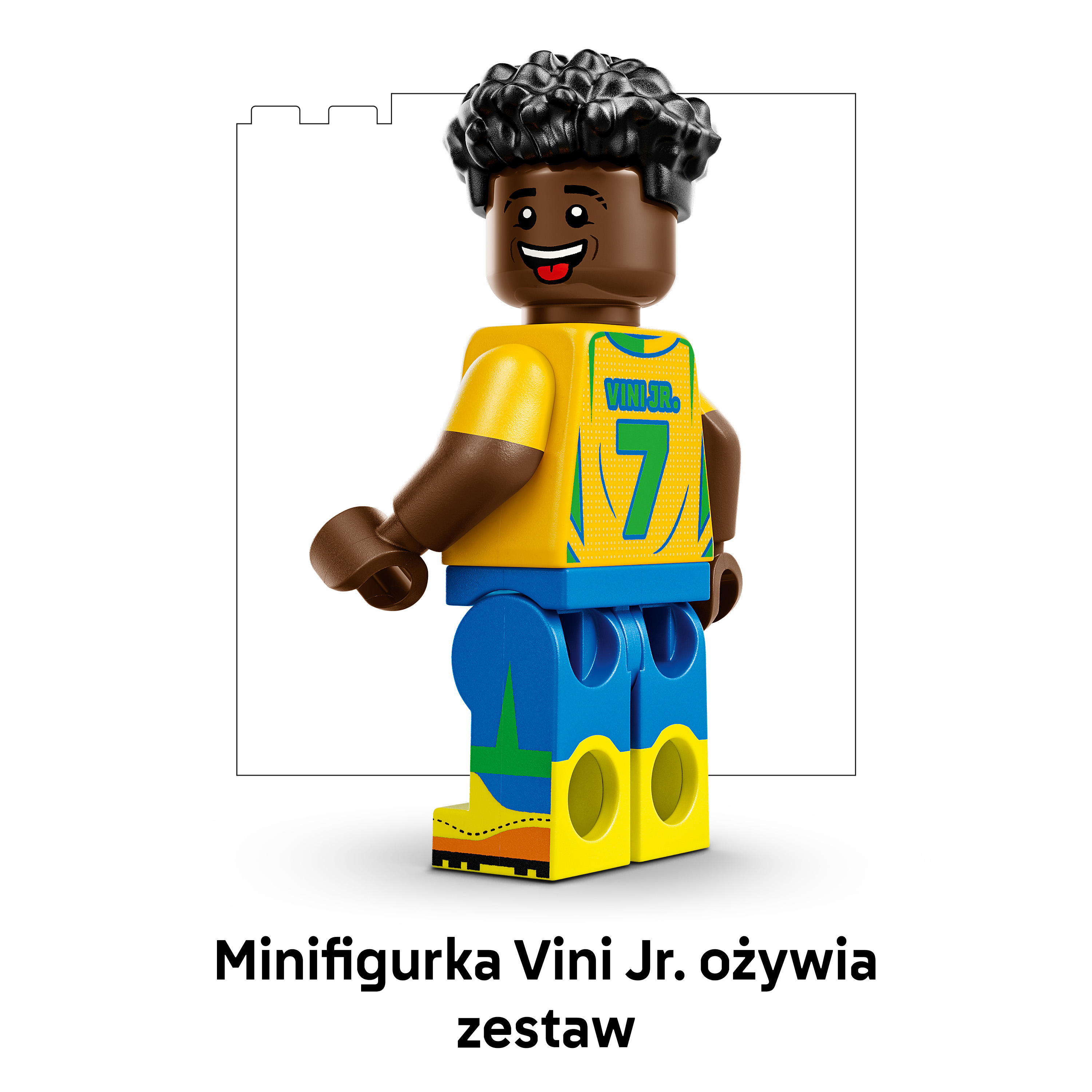 Minifigurka Lego z ciemną skórą, afro, w żółtej koszulce nr 7.