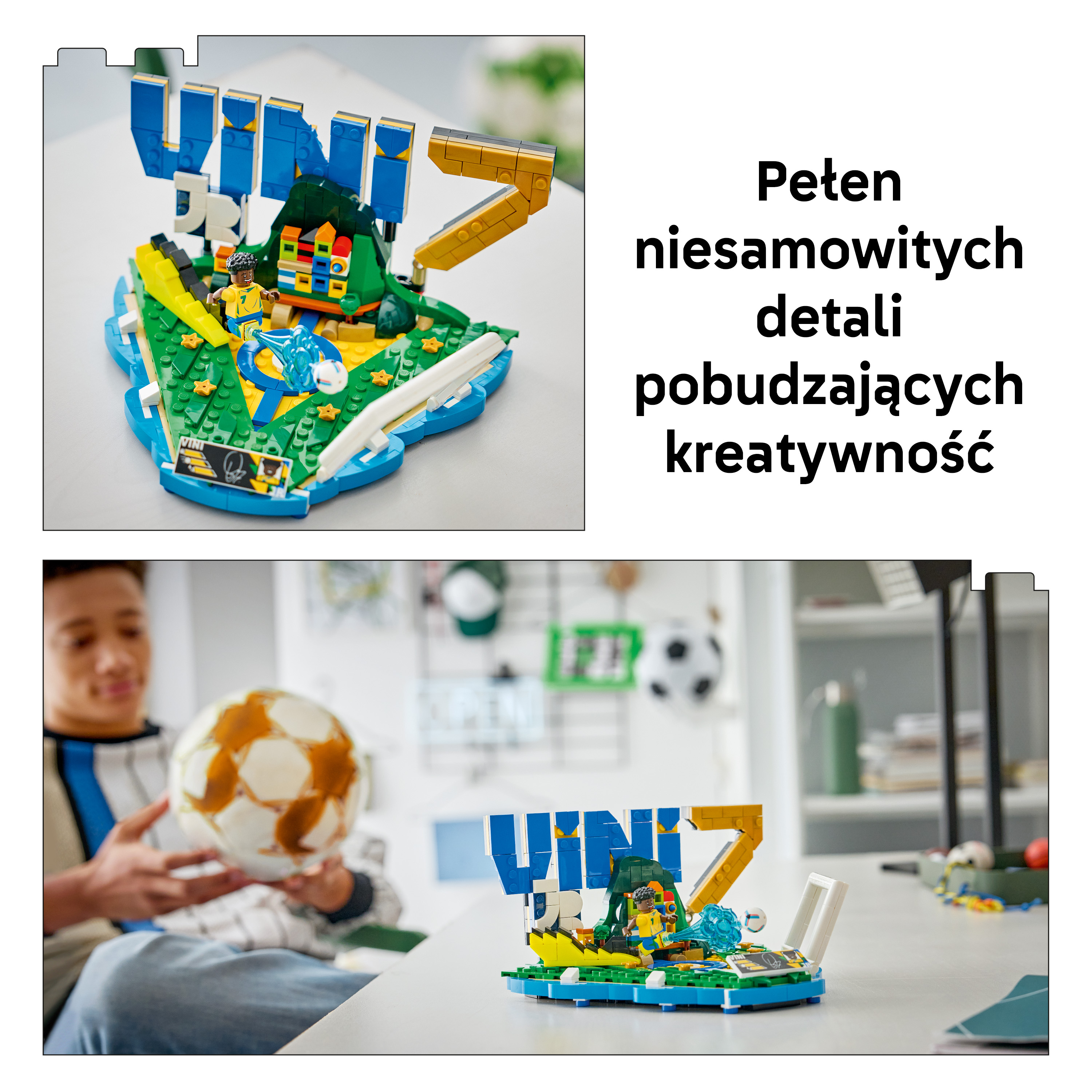 Wystawa LEGO piłkarska z figurkami i napisami, obok chłopiec z piłką.