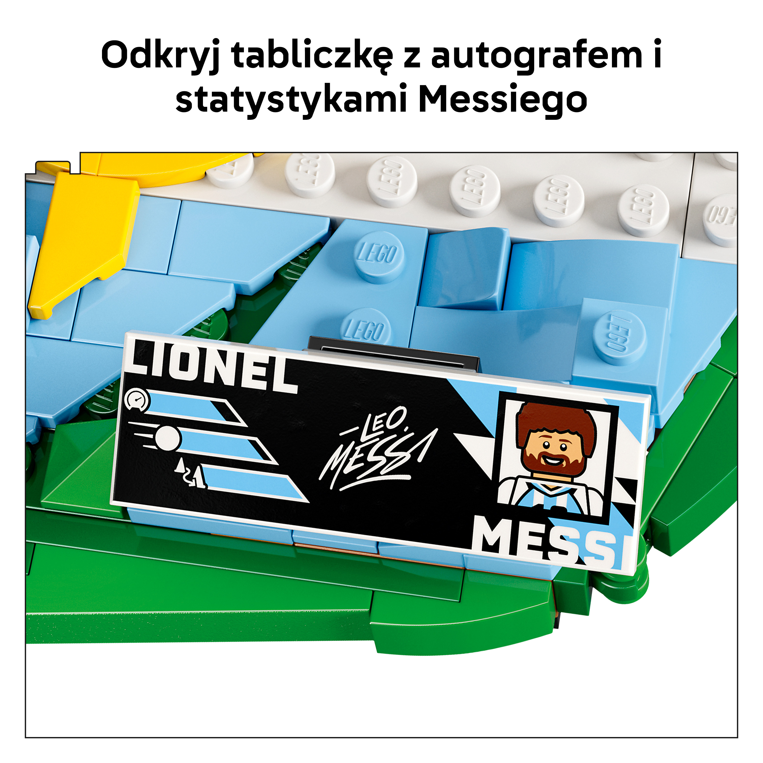 Model LEGO z tabliczką Lionela Messiego z jego zdjęciem i nazwiskiem.