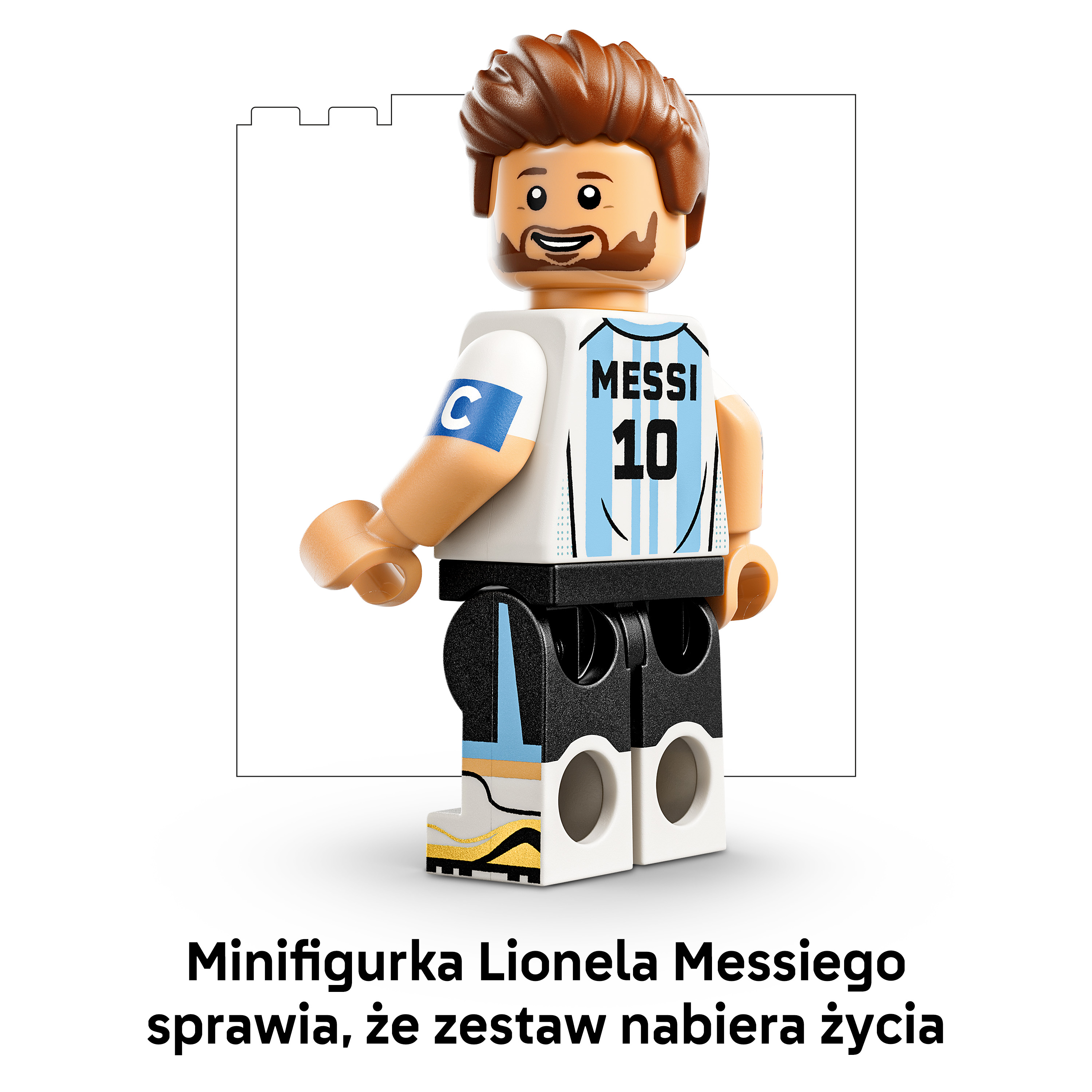 Minifigurka Lego Lionela Messiego w białej i niebieskiej koszulce z numerem 10.