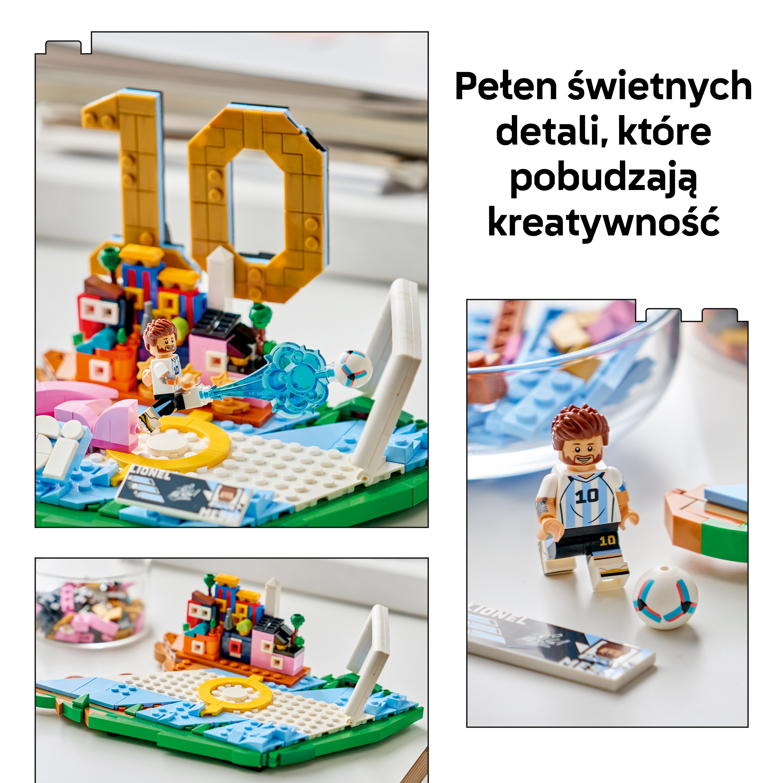 Figurka Lego piłkarza z numerem 10, piłką i kolorowymi klockami.