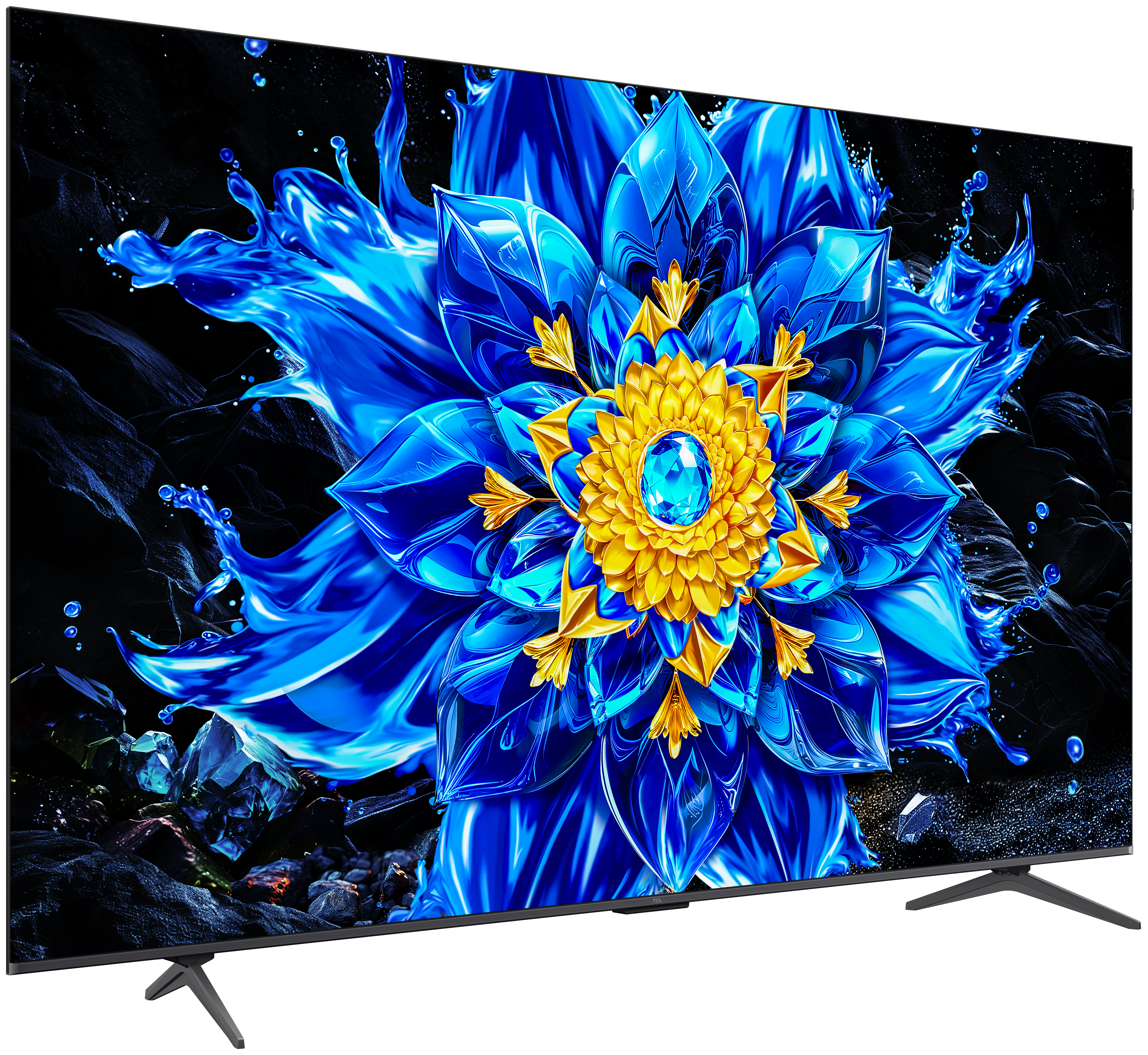 Ein blauer und gelber Blumenbildschirmschoner mit schwarzem Hintergrund.