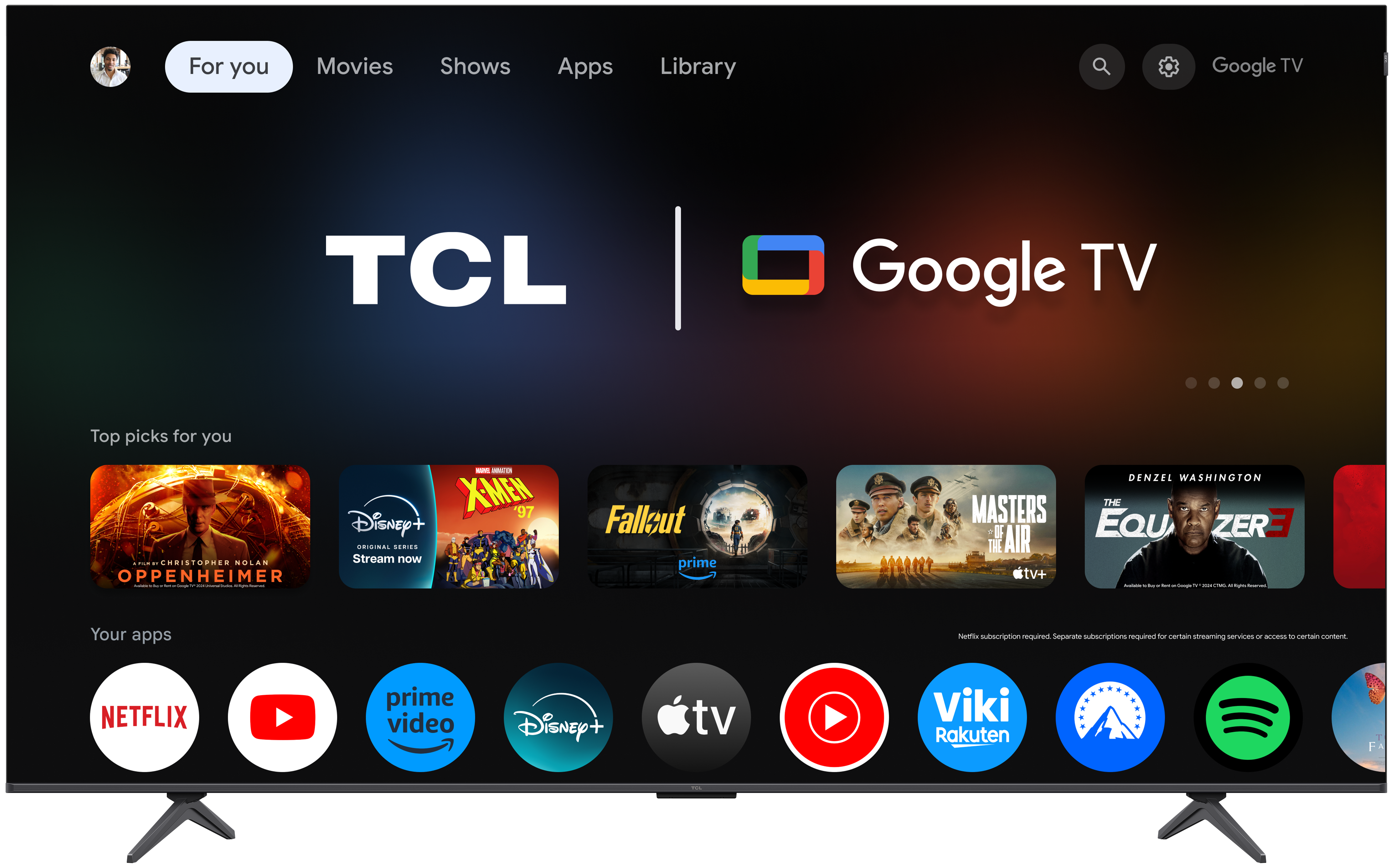Google TV Startbildschirm mit TCL-Logo, Film- und App-Vorschauen.
