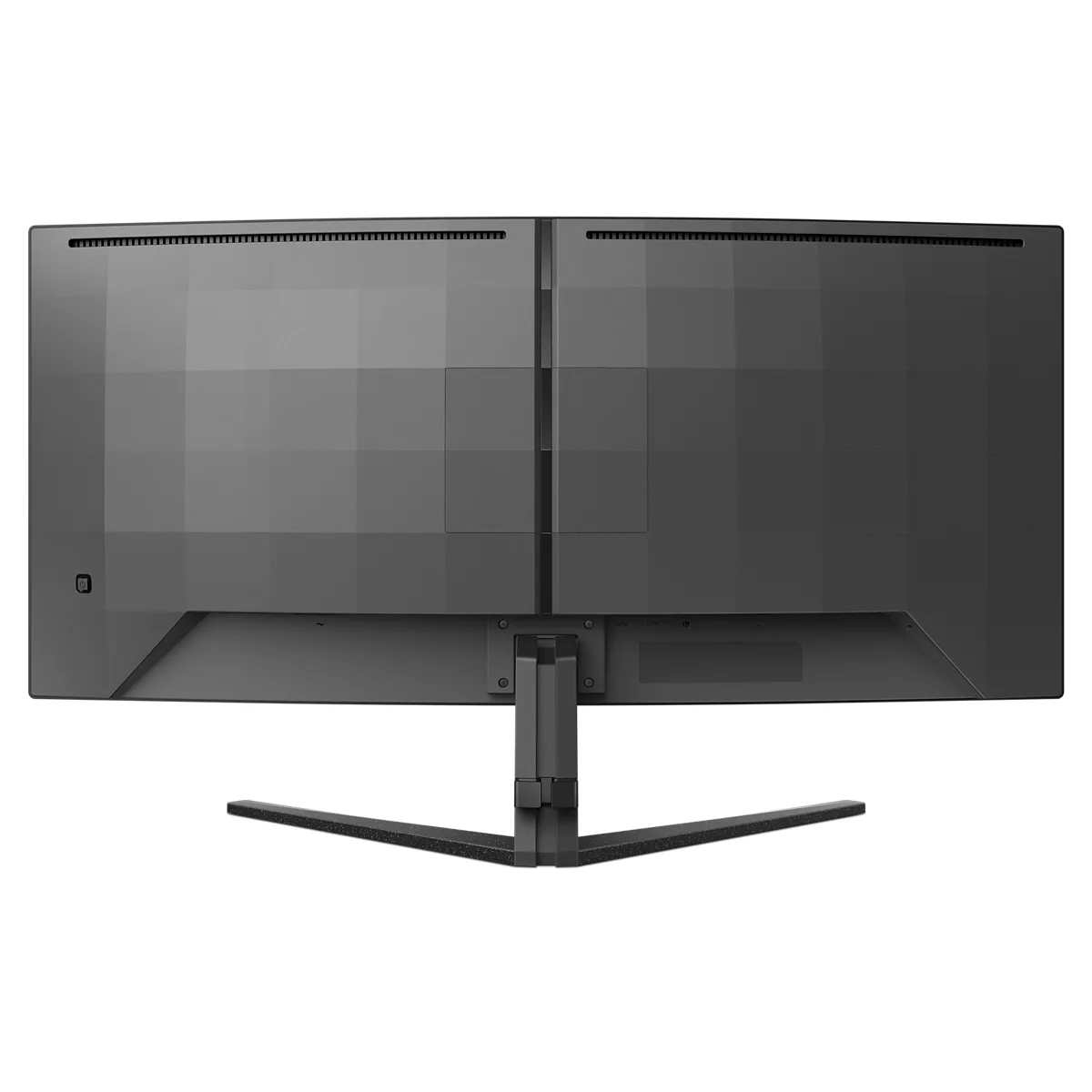 Rückseite eines breiten, schwarzen Monitors mit einem dreibeinigen Ständer.
