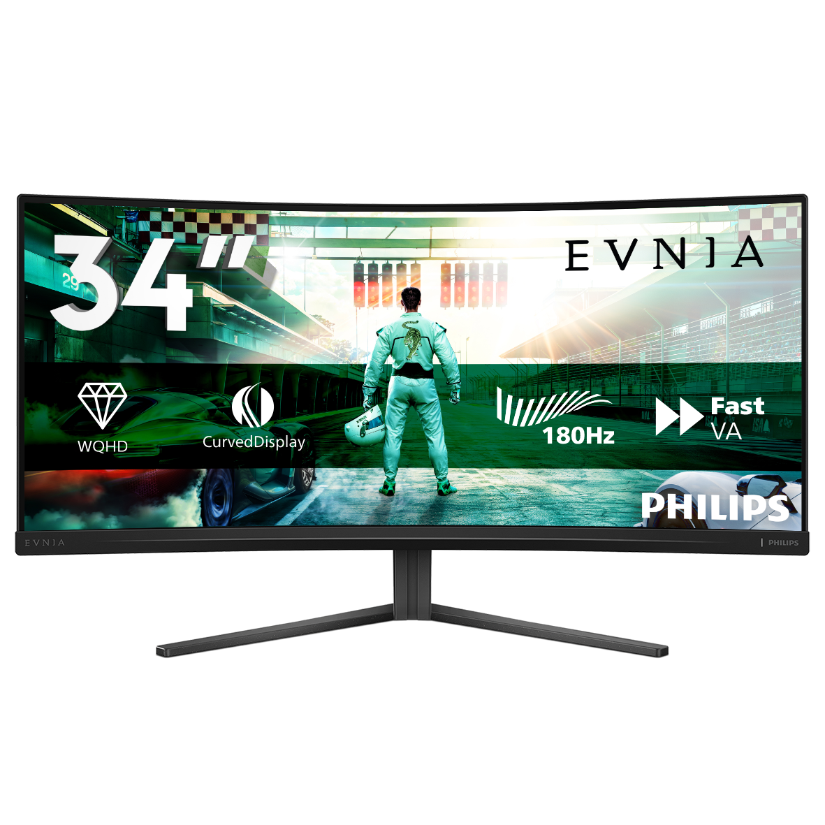 Ein Rennfahrer steht vor einem gekrümmten 34-Zoll-Monitor mit Rennstrecken-Grafik.