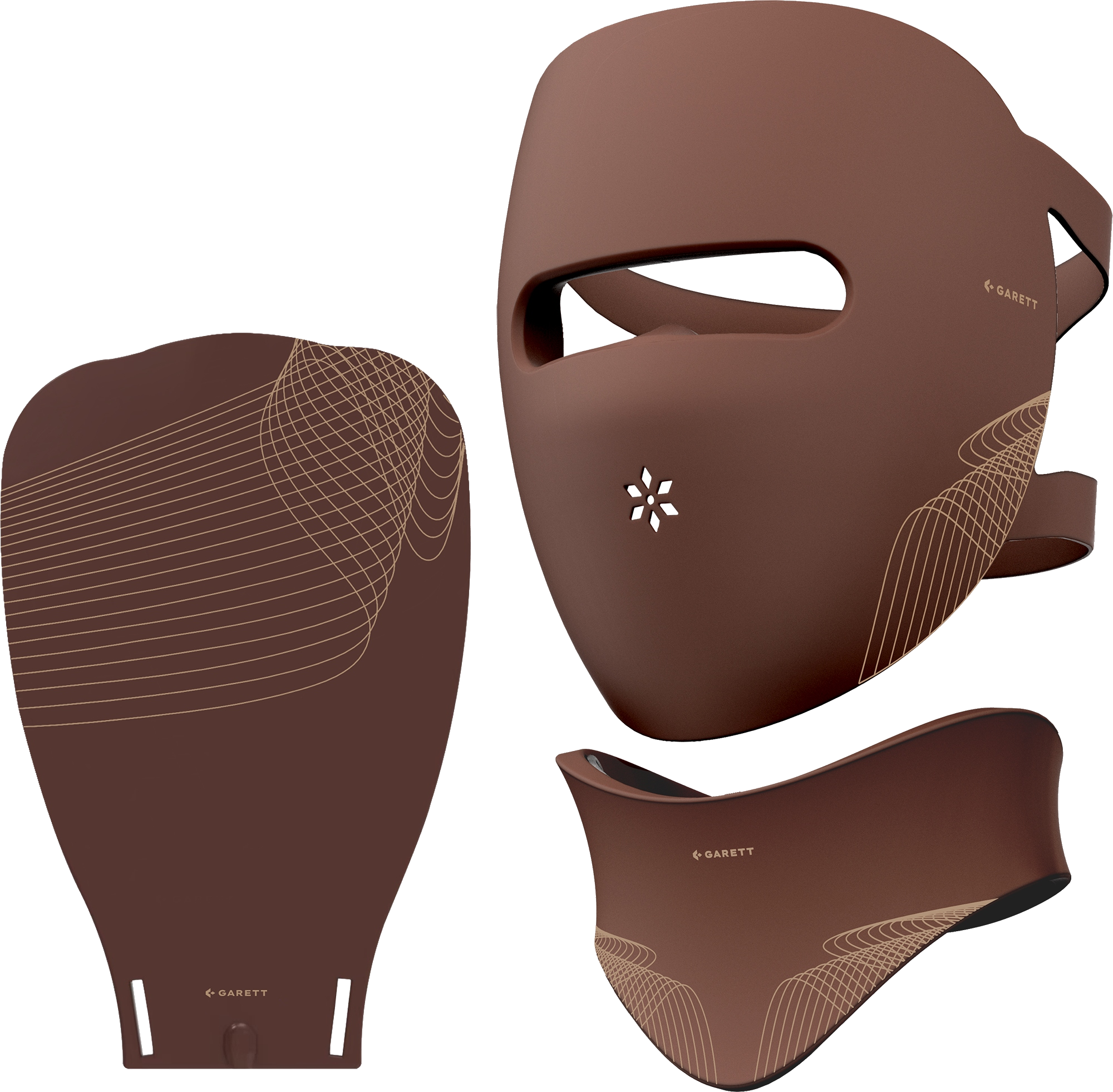 Brązowa maska na twarz i szyję z falistym wzorem i gwiazdką.