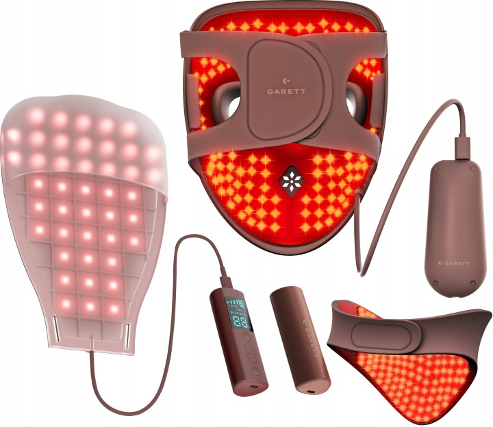 Kilka urządzeń kosmetycznych podświetlonych na czerwono, w tym maska na twarz i opaska na szyję.