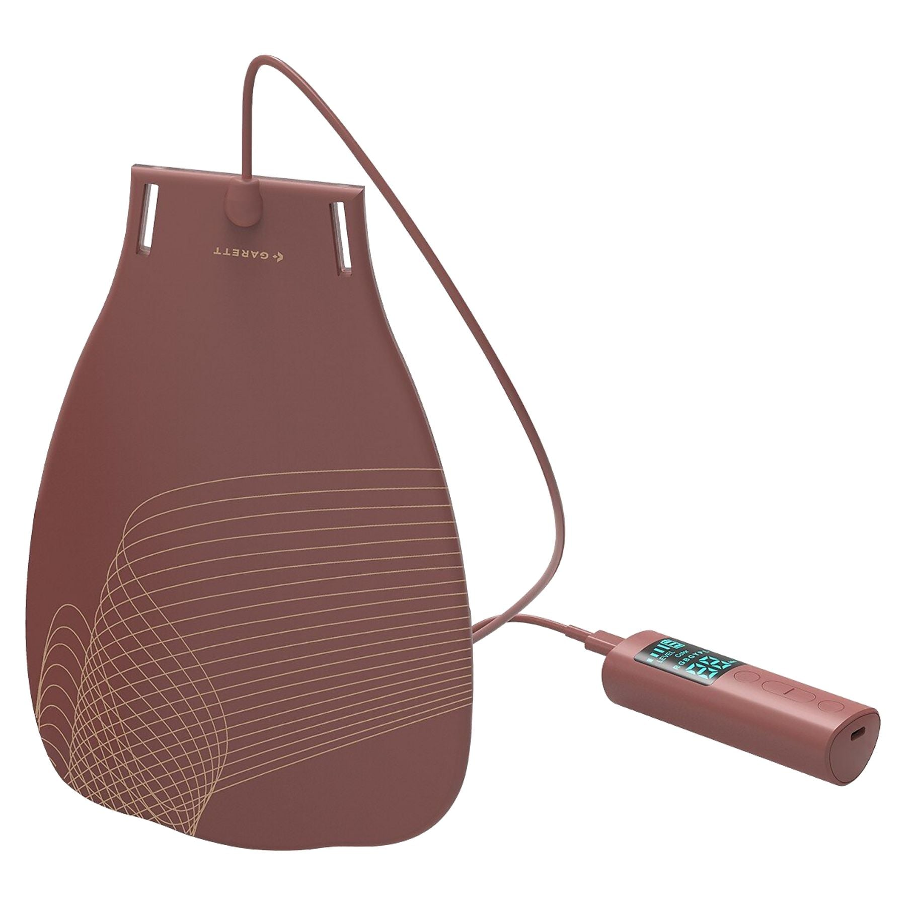 Różowe urządzenie ze wzorem fal i cyfrowym wyświetlaczem, połączone kablem.