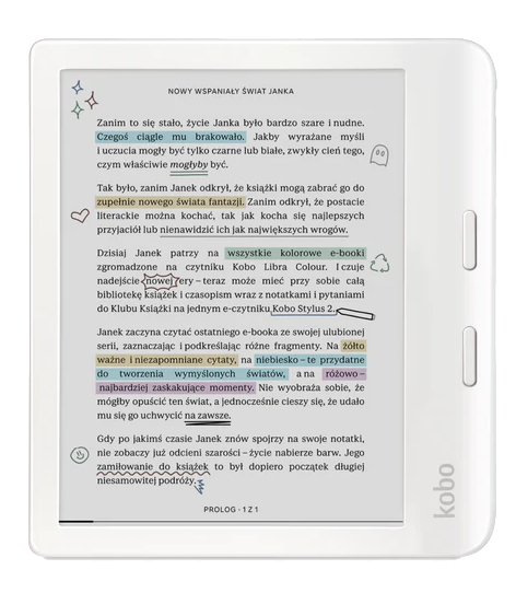 Biały czytnik e-booków z polskim tekstem. Podświetlenia i notatki zaznaczają fragmenty książki.