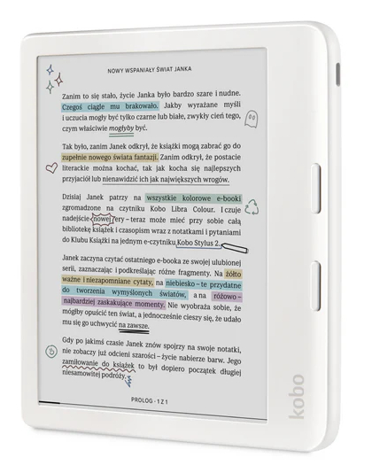 Biały czytnik e-booków Kobo Libra Colour wyświetla strony z kolorowo zaznaczonym tekstem.
