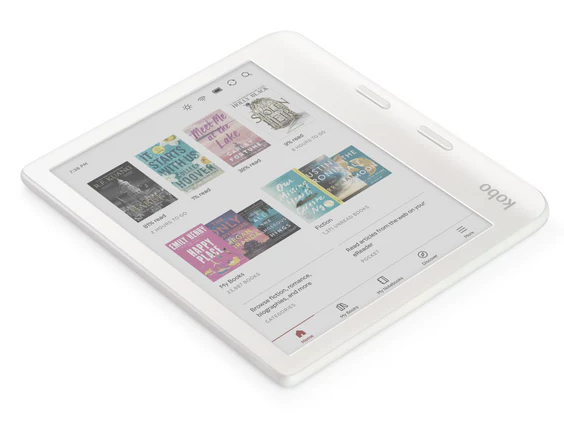 Biały czytnik Kobo wyświetlający okładki książek i menu.