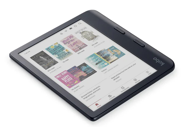 Ciemny czytnik e-booków wyświetlający wybór książek na ekranie.