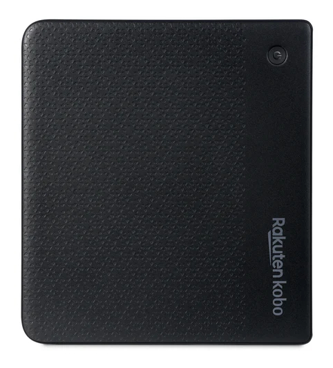 Czarny czytnik e-booków z teksturowaną obudową i ikoną zasilania.