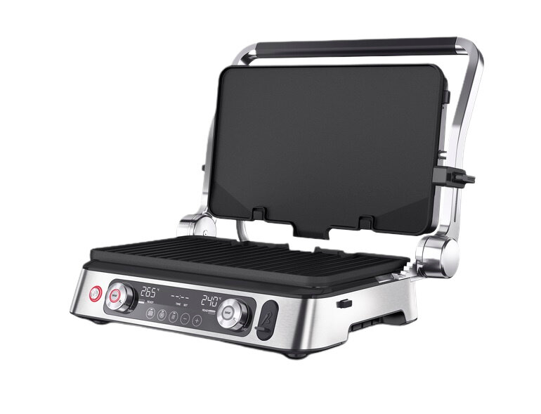 Srebrny grill kontaktowy z otwartymi płytami grillowymi i cyfrowymi kontrolkami.
