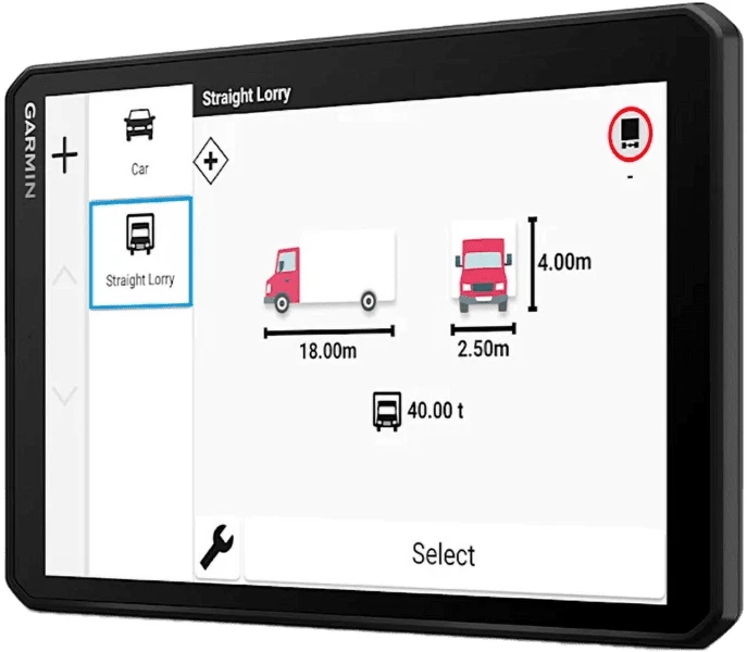 Urządzenie Garmin wyświetla profil ciężarówki: dł. 18m, szer. 2.5m, wys. 4m, waga 40t.