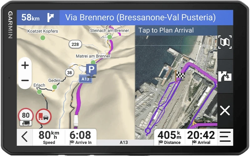 Nawigacja Garmin pokazuje mapę z trasą Via Brennero i widokiem satelitarnym. Prędkość 80 km/h.