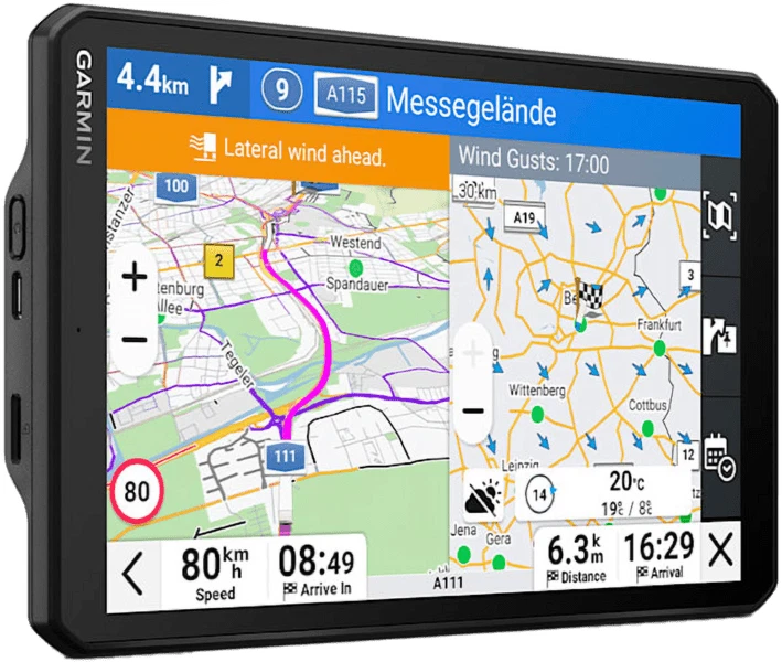 Urządzenie nawigacyjne Garmin pokazujące mapę z trasami, ostrzeżeniem o wietrze i danymi pogodowymi.
