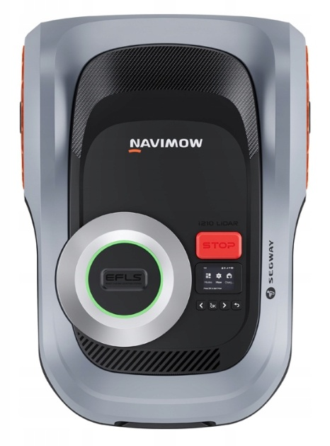 Robot koszący Navimow z przyciskiem "STOP", logo "EFLS" i napisem "Segway".