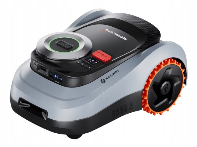 Szara kosiarka automatyczna Segway Navimow z czarnymi i pomarańczowymi akcentami.