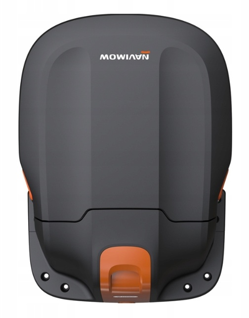 Czarna kosiarka robotyczna z pomarańczowymi akcentami, logo MOWIN.