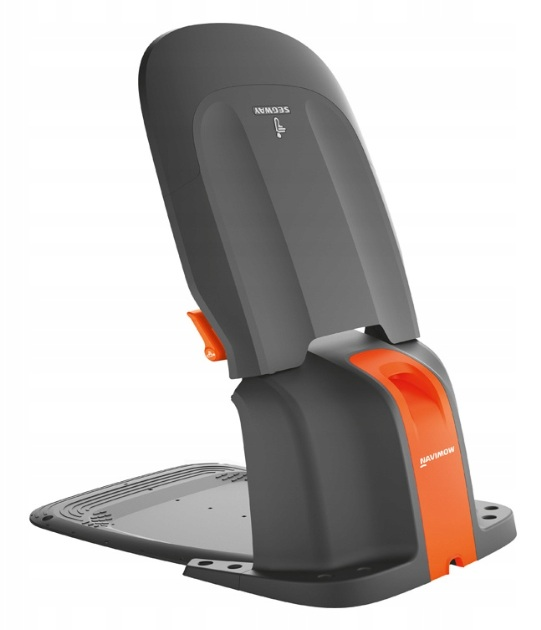 Ciemna, ergonomiczna kosiarka z pomarańczowymi akcentami i logo.