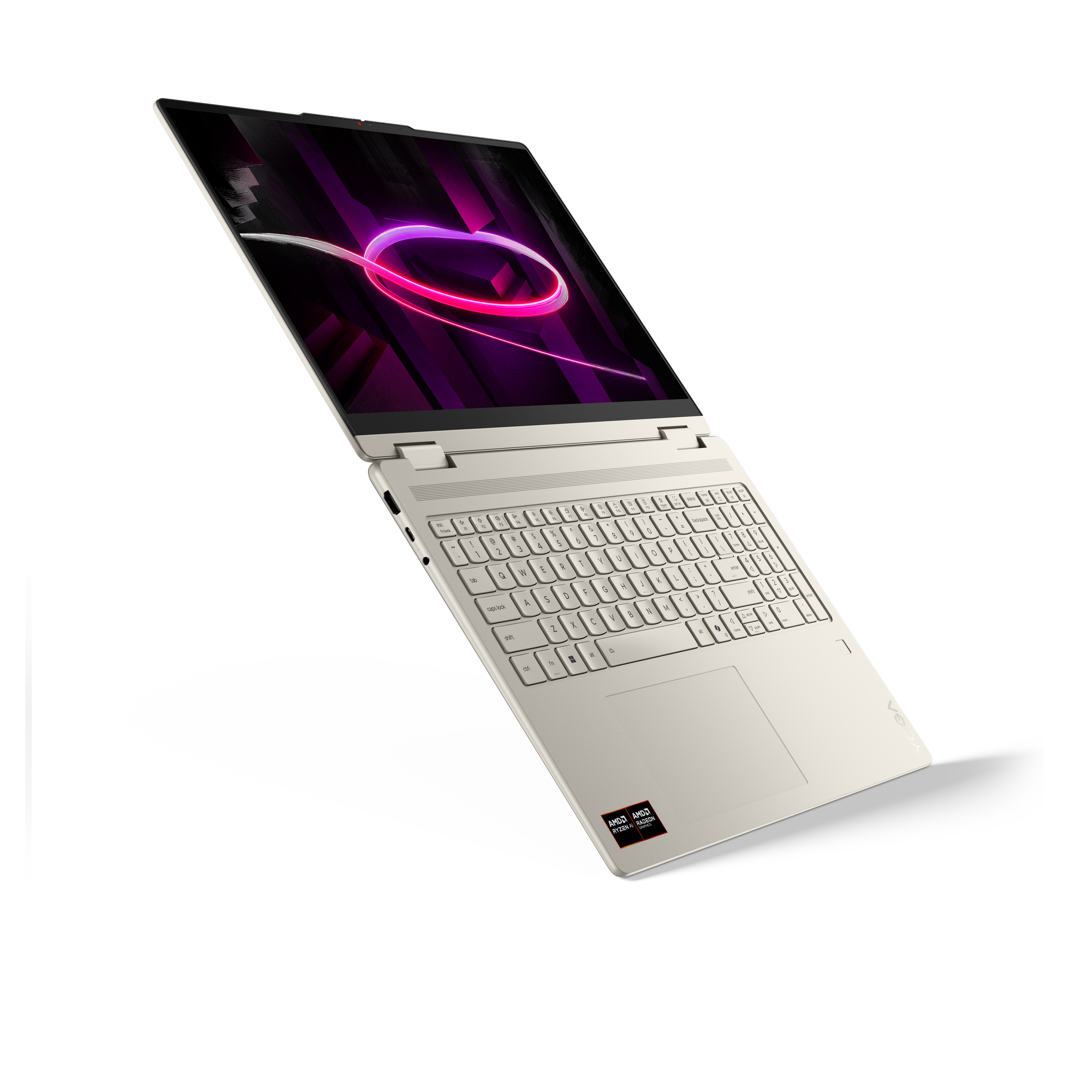Ein hellbeiger Laptop mit einem lila Herz-Symbol auf dem Bildschirm, gegen Schwarz.