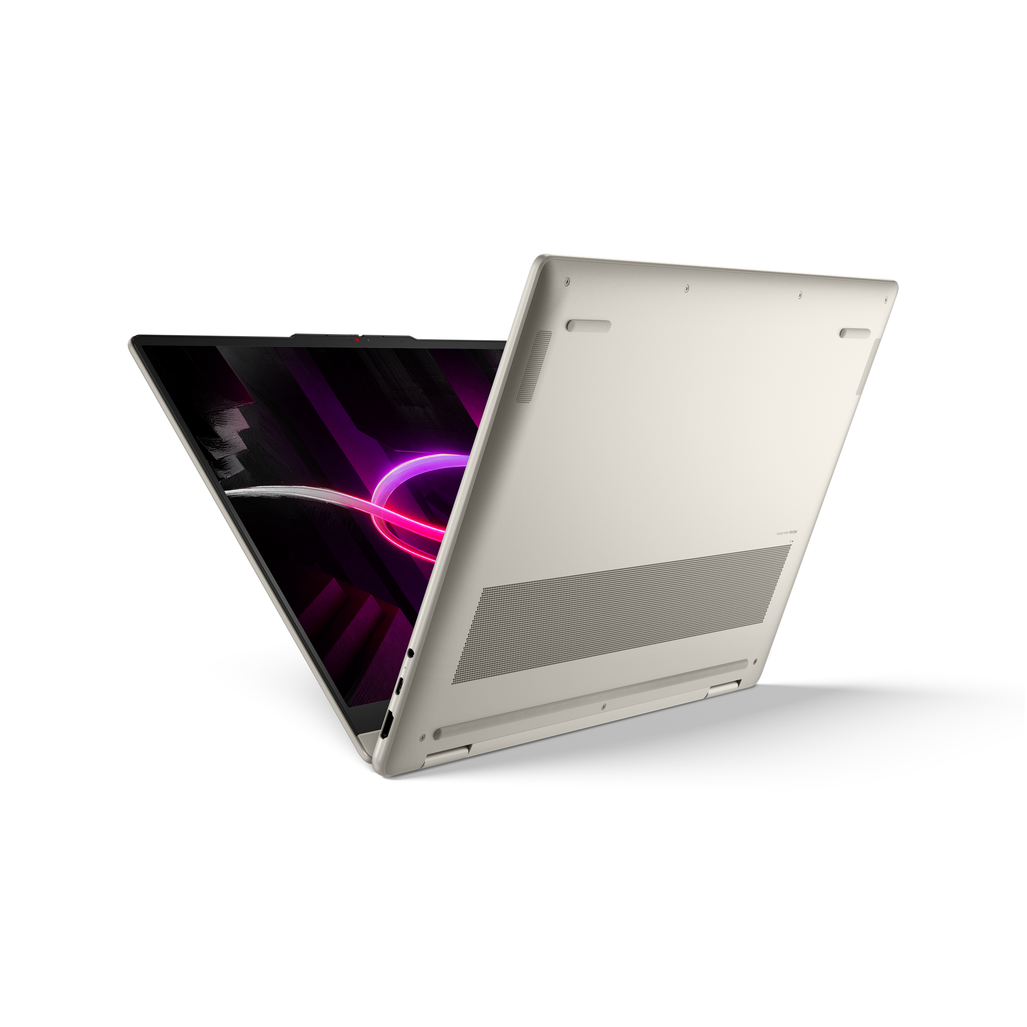 Ein aufgeklappter Laptop mit hellbeigem Gehäuse und schwarzem Bildschirm mit violetter Grafik.