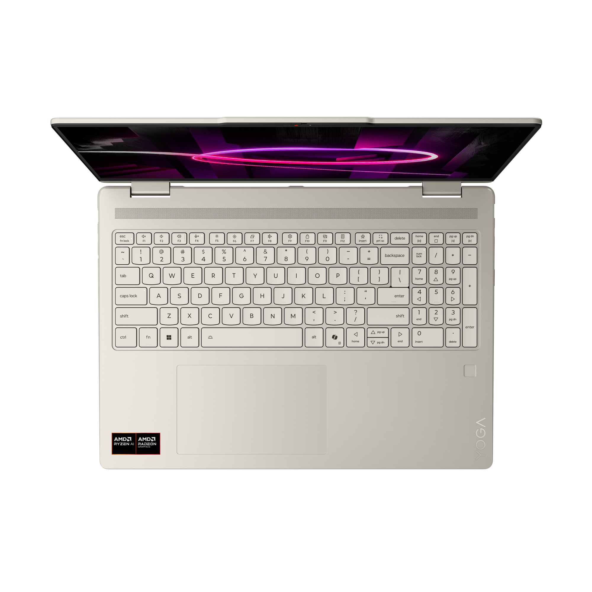 Ein hellgraues Laptop mit geöffnetem Bildschirm, der ein abstraktes Muster zeigt.