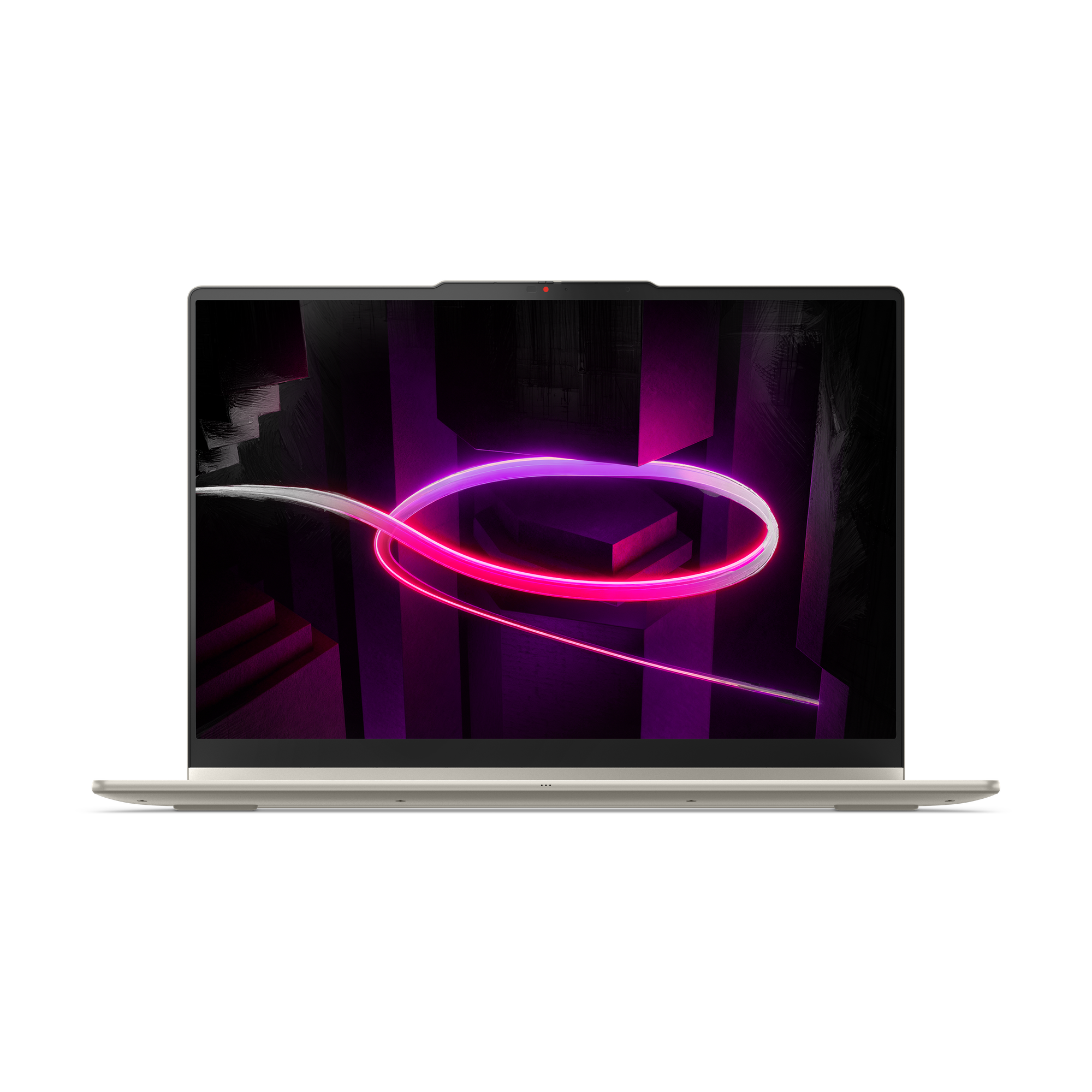 Ein offener Laptop mit einem abstrakten, neonfarbenen Hintergrund.