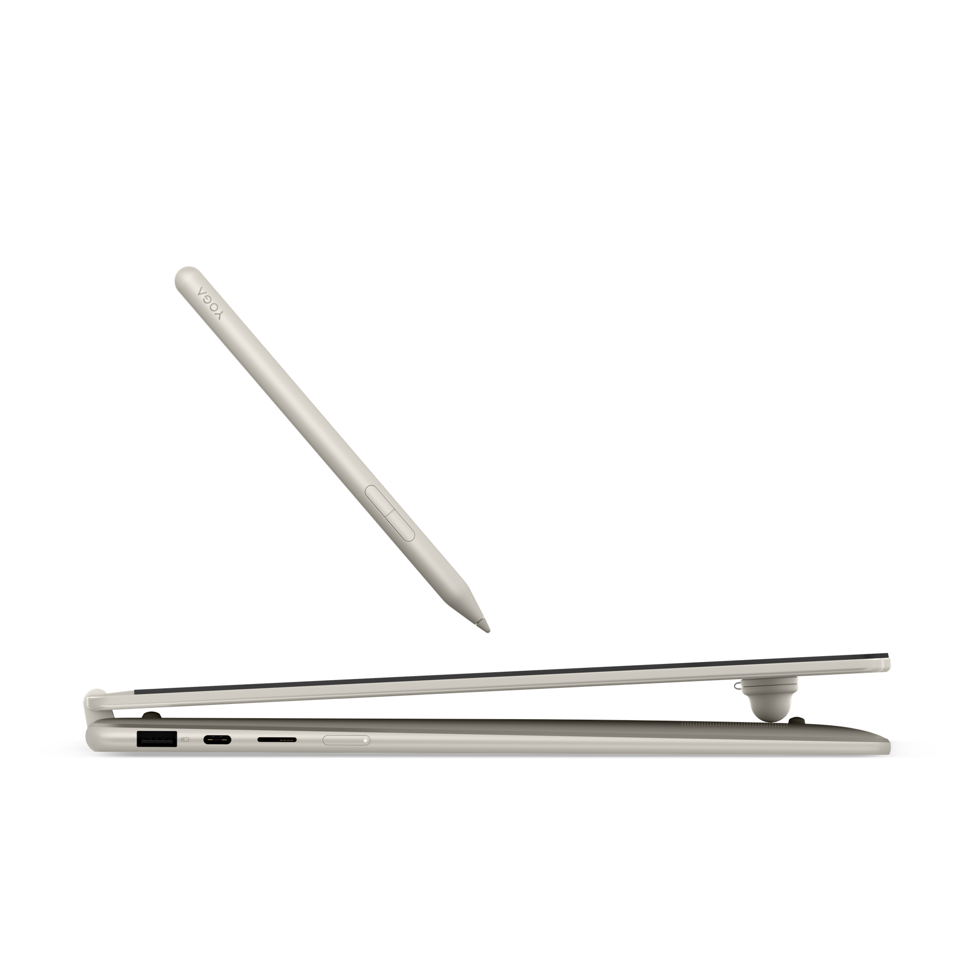 Ein beiger Stift schwebt über einem geöffneten beigen Laptop auf schwarzem Hintergrund.