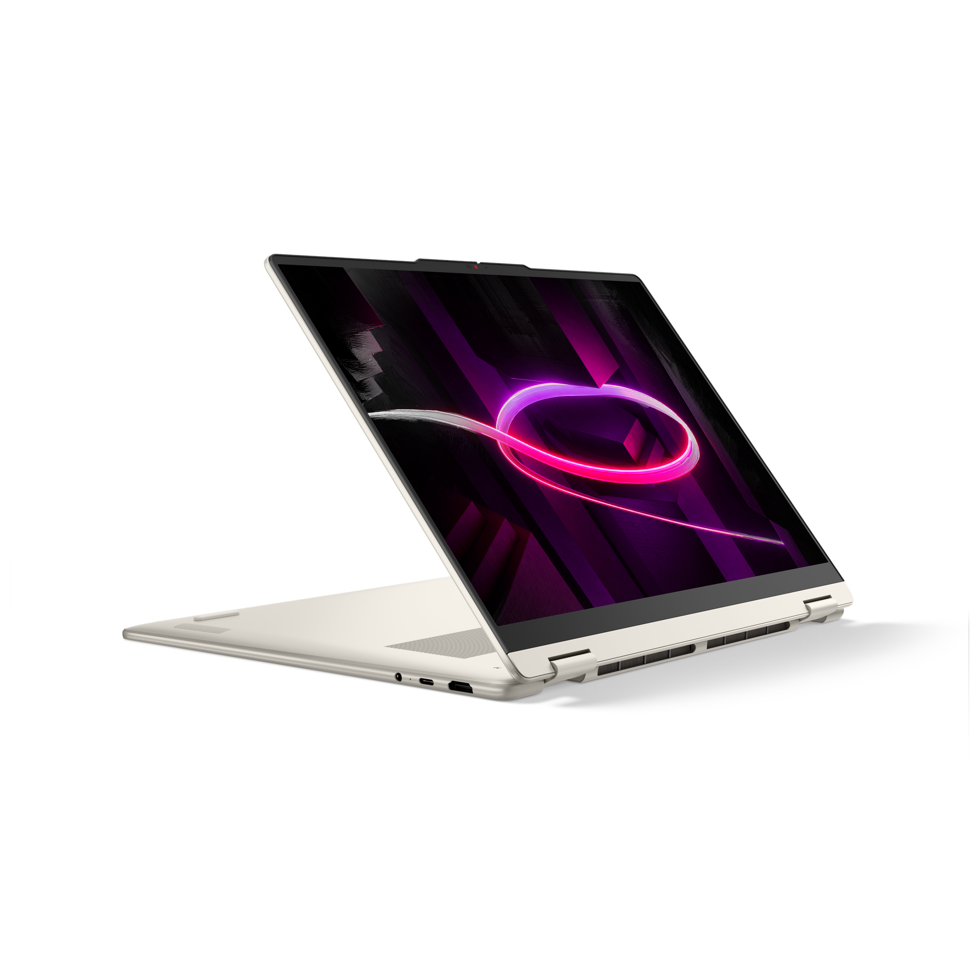 Ein beiger Laptop mit offenem Bildschirm, der ein lila-pinkes Muster zeigt.