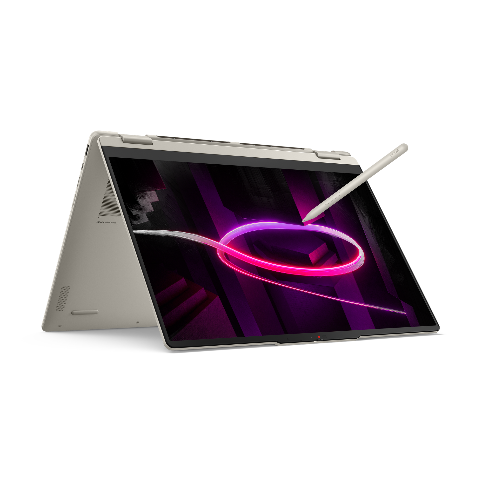 Ein hellbeiger Laptop mit Stift, der auf dem Bildschirm mit Neonlicht-Grafik liegt.