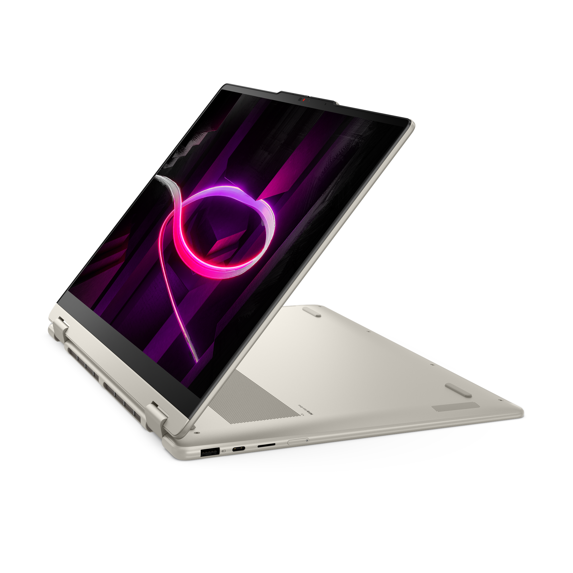 Ein offener, heller Laptop mit einem dunklen Bildschirm, der ein abstraktes, rosafarbenes Muster zeigt.