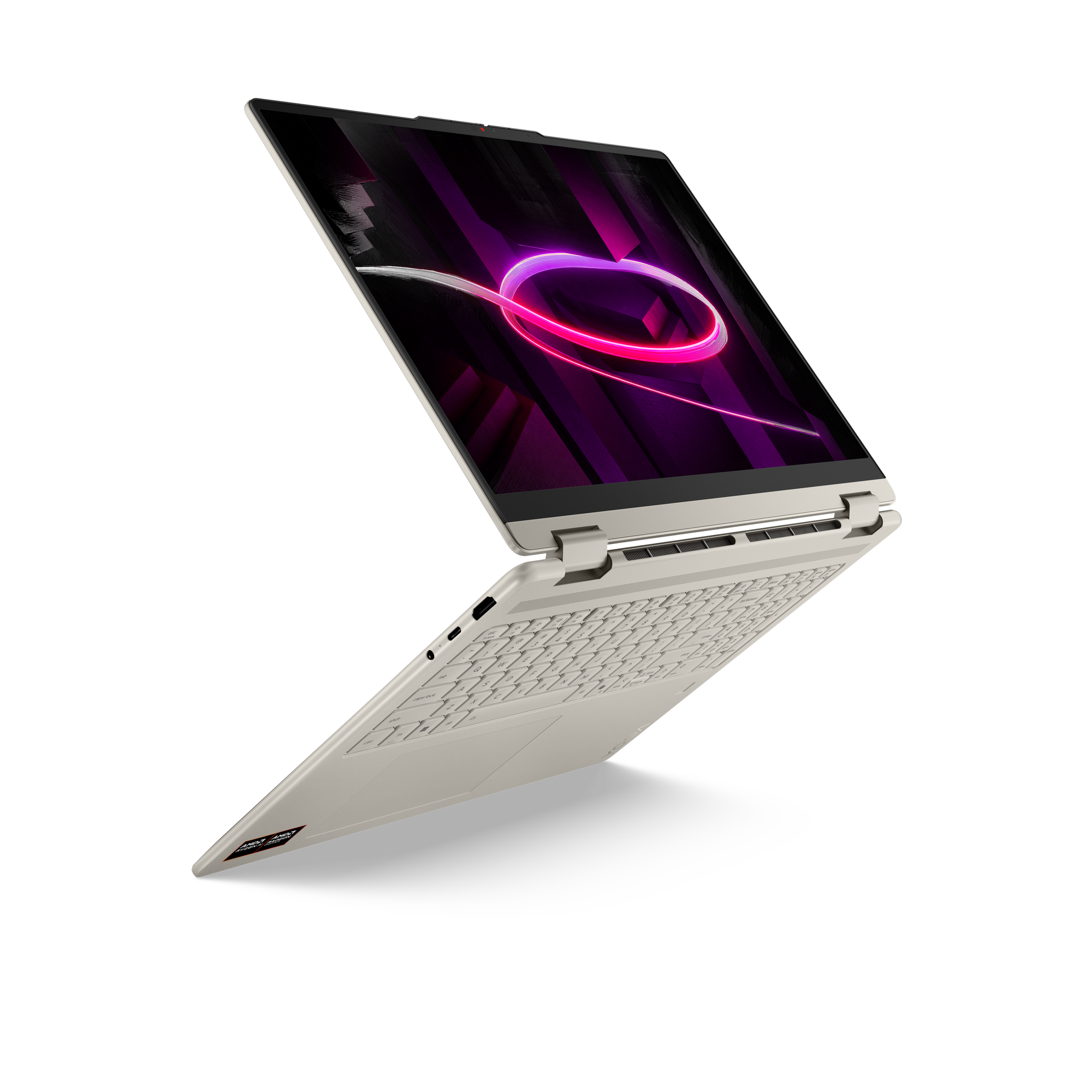 Ein offener, heller Laptop auf schwarzem Hintergrund mit pinker Neon-Schleife auf dem Bildschirm.