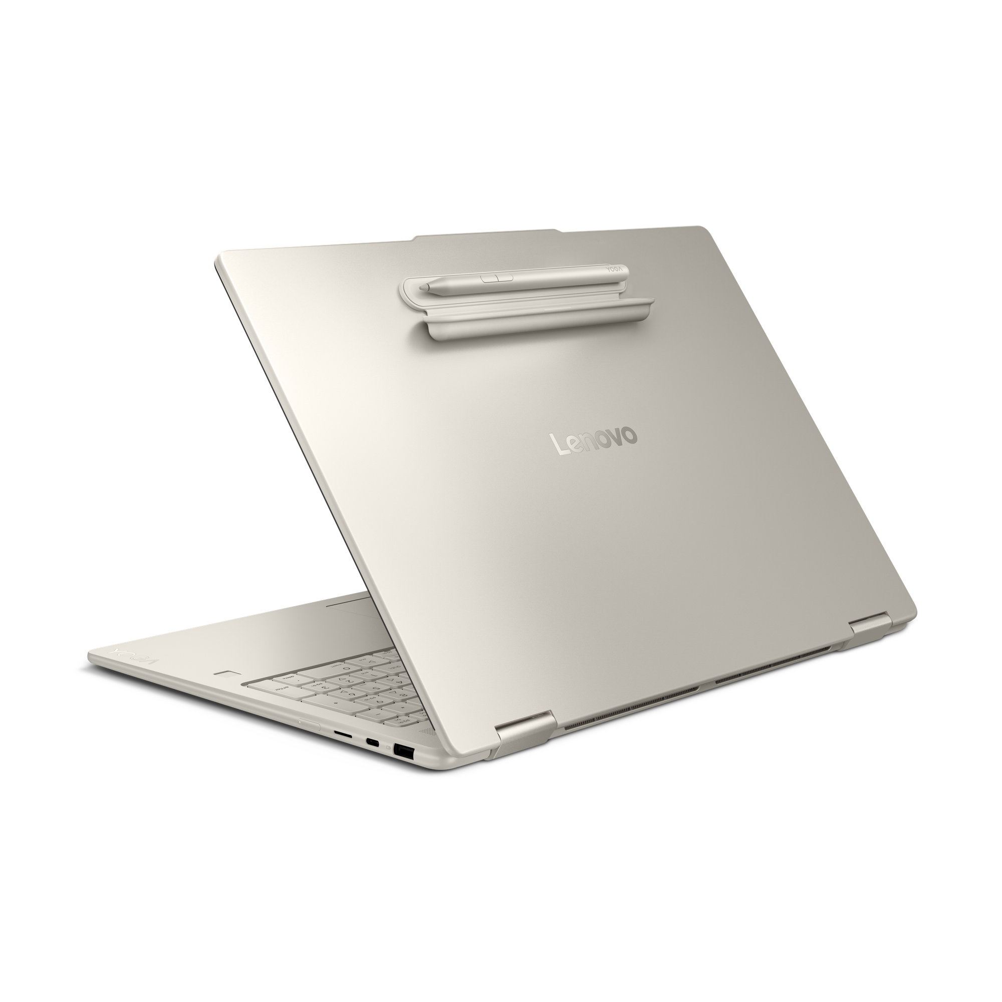 Ein silberner Laptop mit Stifthalter und Stift ist geöffnet.