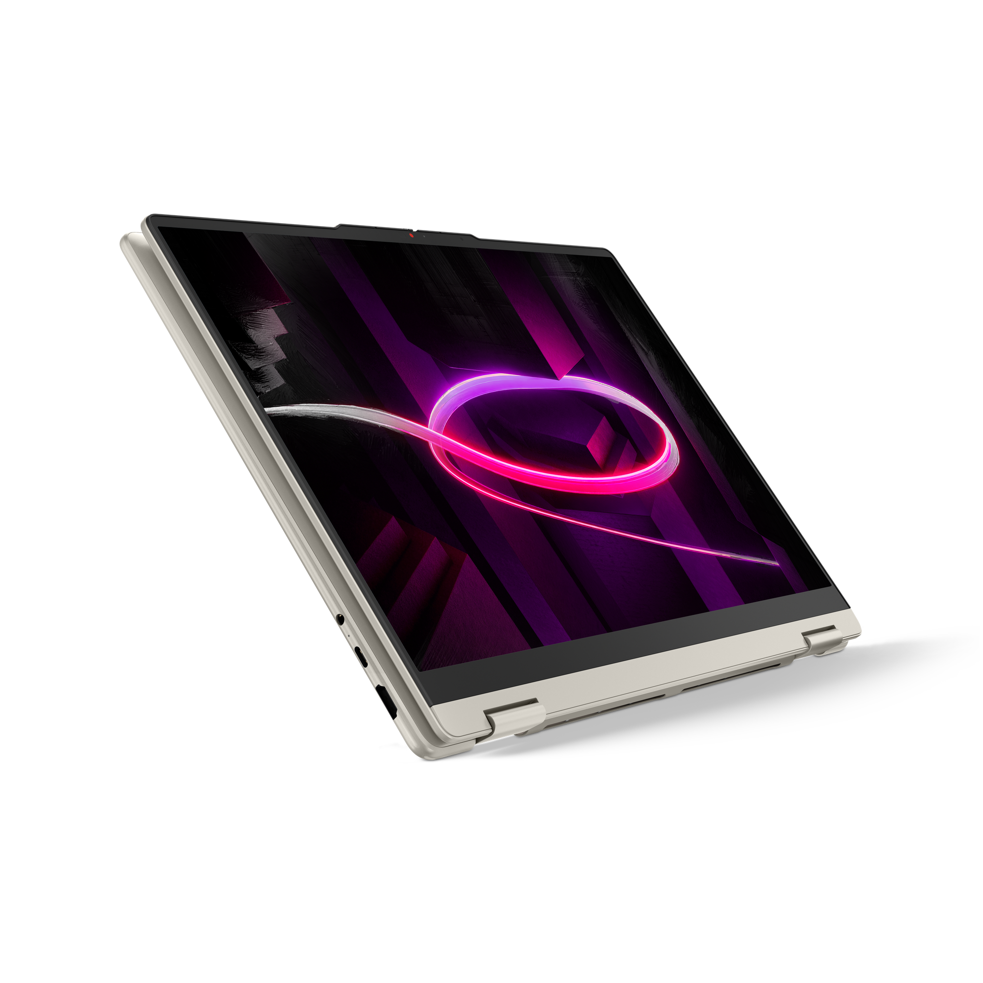 Ein geöffneter Laptop mit silbernem Gehäuse und einem lila-pinken abstrakten Hintergrund auf dem Bildschirm.